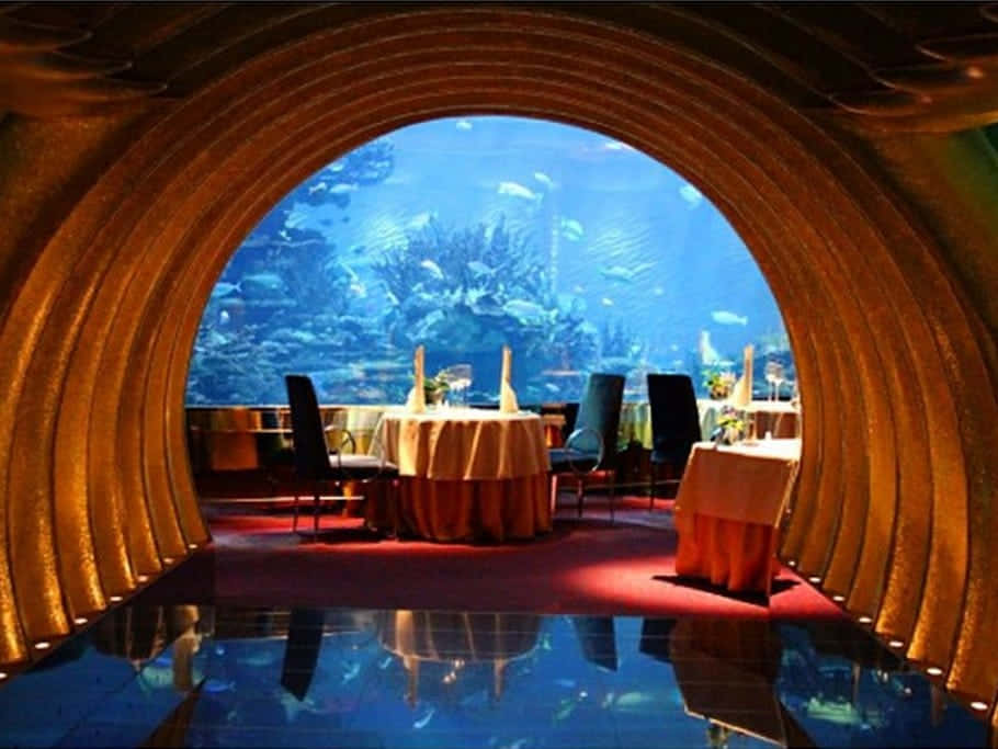 Restaurant 桌布 壁紙 — 一間豪華水下餐廳，擁有金色拱形牆壁，餐桌在巨大的水族窗下擺設好供用餐。