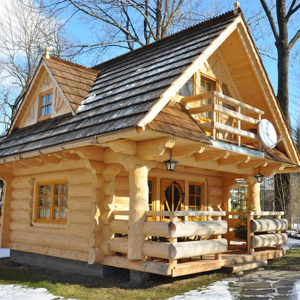 Log Cabin 桌布 壁紙 — 一間質樸的木屋，屋頂和門廊上覆蓋著白雪，矗立在冬日森林中，天空湛藍清澈。