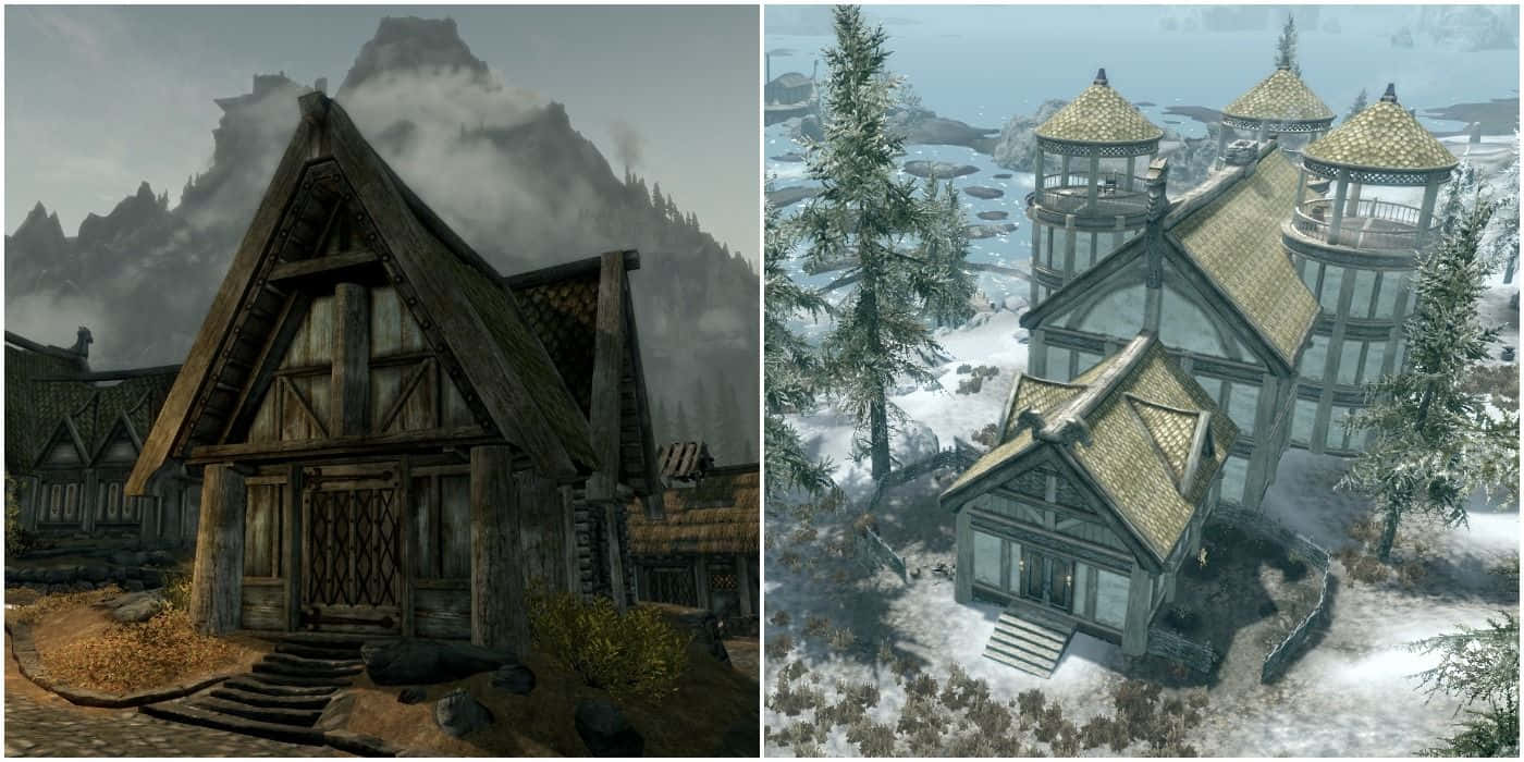Heljarchen Hall 桌布 壁紙 — 一間質樸的木屋，陡峭的屋頂和石階，矗立在霧氣繚繞的山巒前，而一座宏偉的雪覆蓋大宅，帶有塔樓，俯瞰著冰凍的水域。