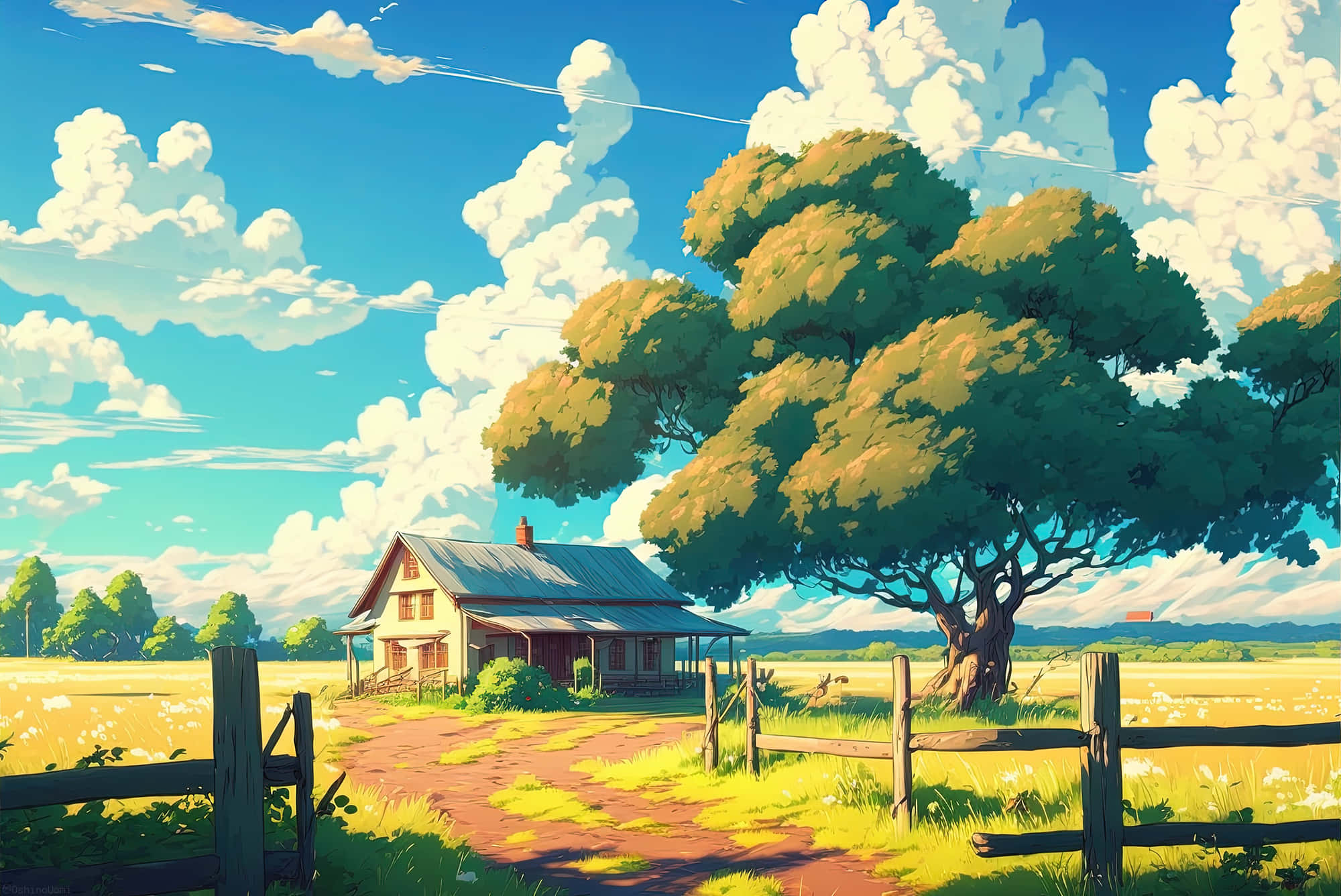 Farming 桌布 壁紙 — 一間質樸的木屋坐落在一棵巨樹下，陽光普照的田野上，上方有蓬鬆的雲朵。