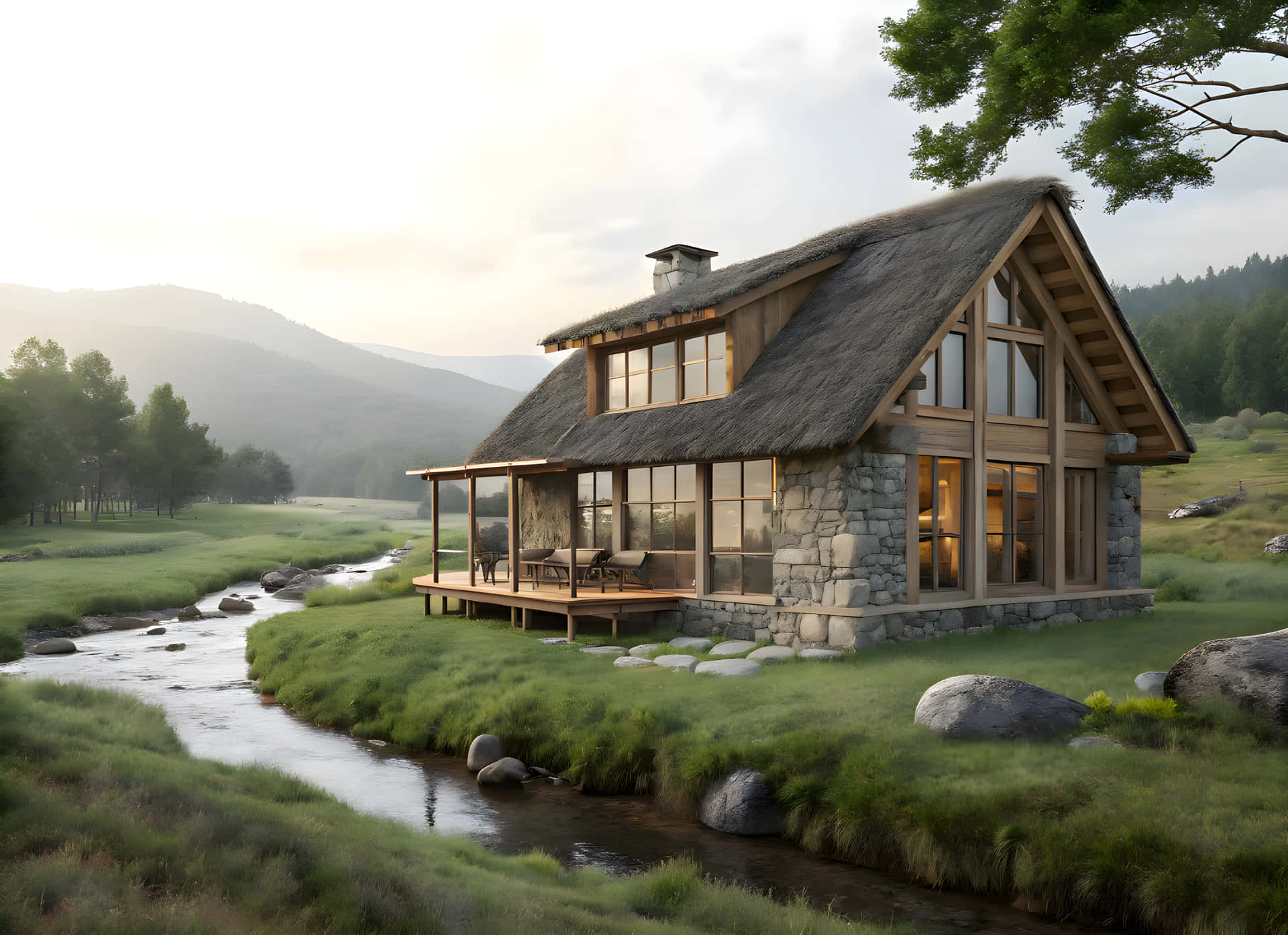 A fine farm house 壁紙 — 一間質樸的石頭和木頭小屋，茅草屋頂，坐落在黎明時分山谷中蜿蜒的小溪旁。
