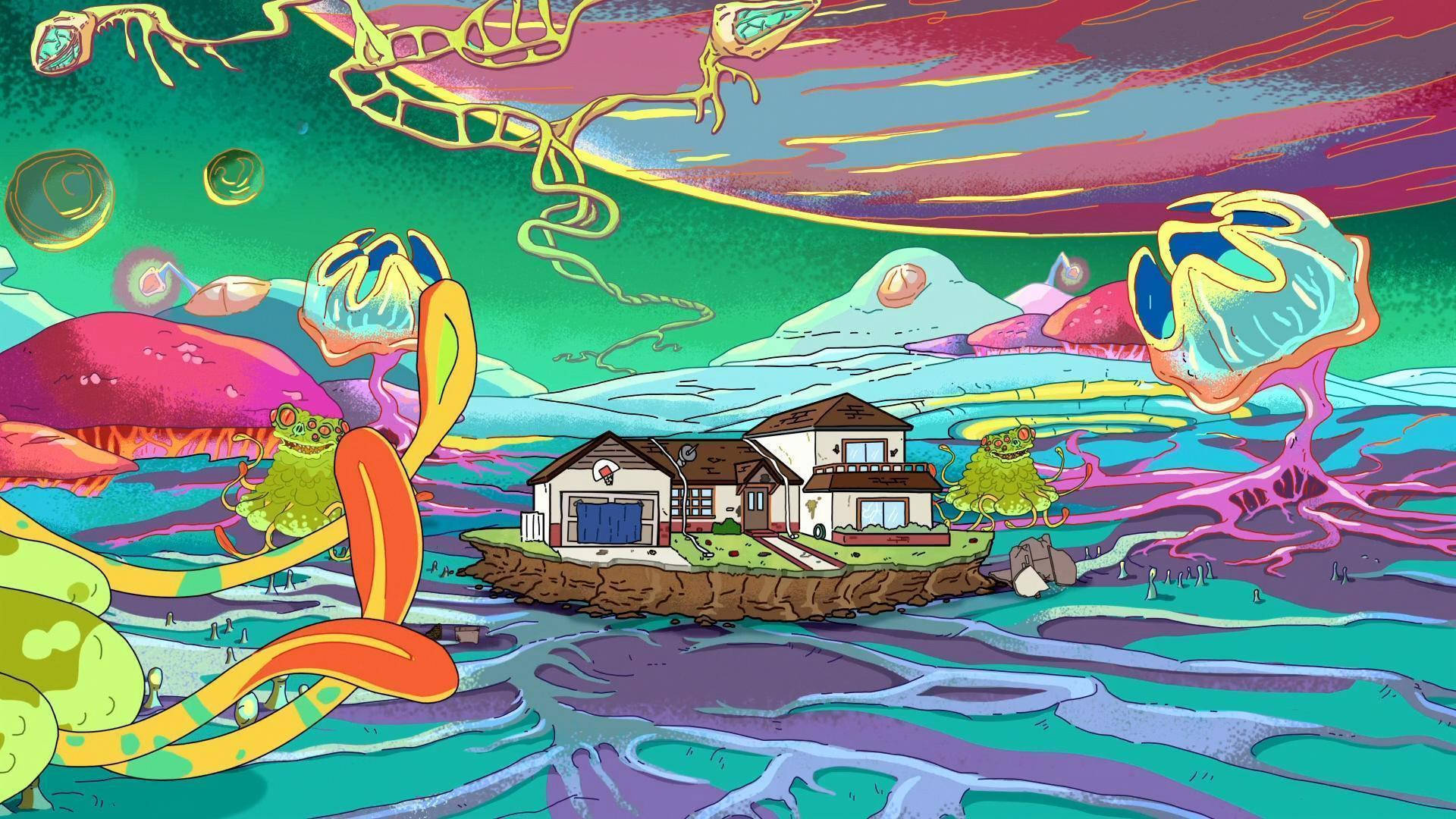 Cartoon 桌布 壁紙 — 一間超現實的卡通屋漂浮在色彩繽紛的外星景觀上，周圍有發光的水母和迷幻植物，天空充滿活力。