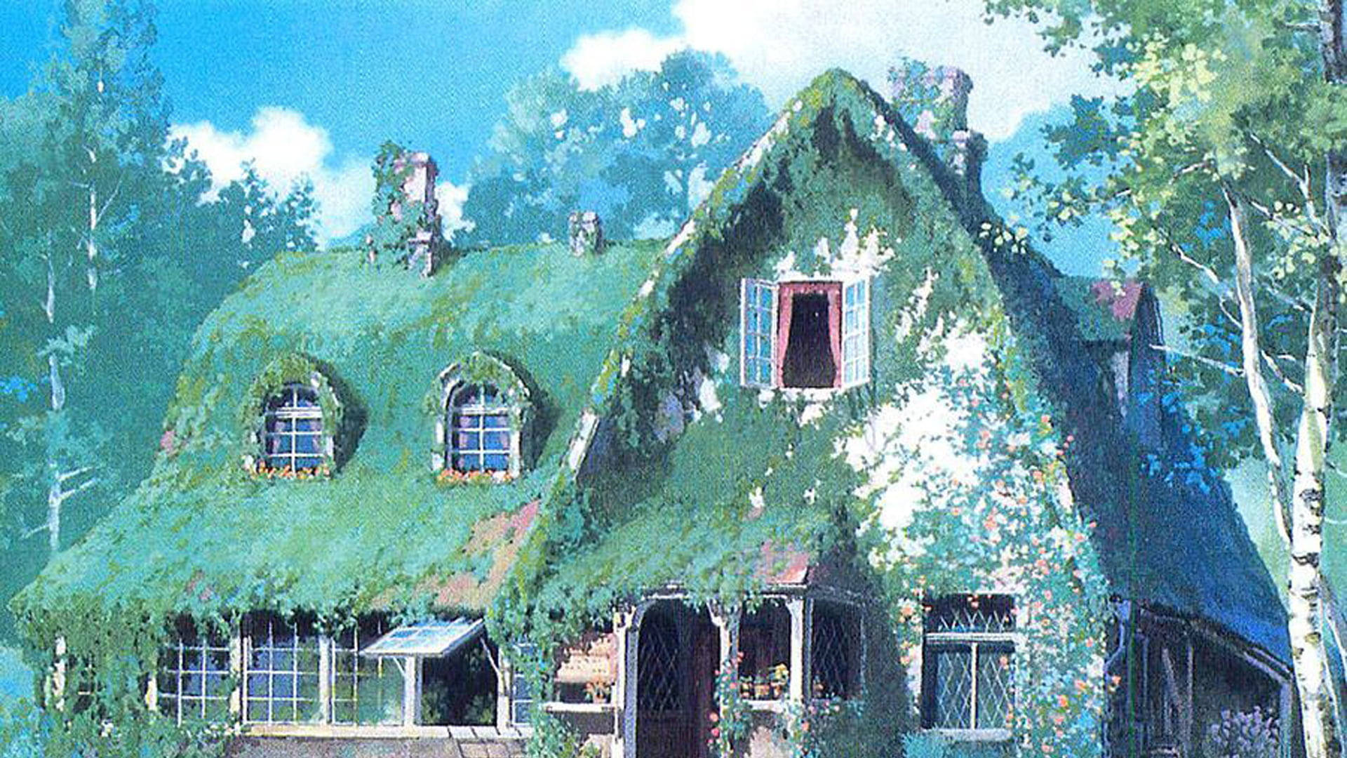 舒適的小屋，覆蓋著常春藤和苔蘚，在陽光明媚的日子裡被樹木環繞。 — 田園風 GIF 壁紙