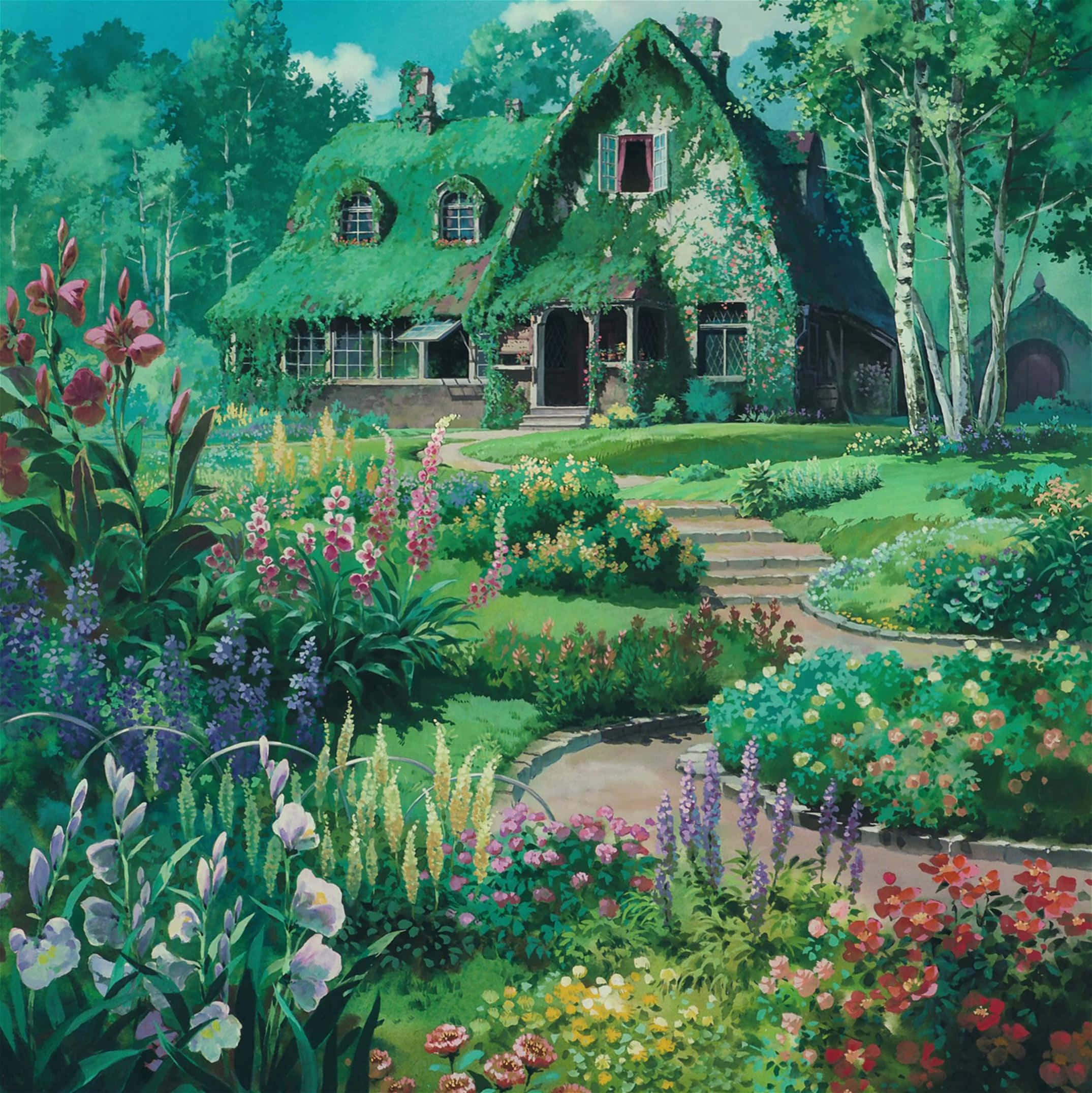 Hayao Miyazaki Movies 桌布 壁紙 — 一間迷人的小屋，長滿青苔的屋頂，坐落在一個充滿生機的花園中，花園裡開滿了五顏六色的鮮花，還有蜿蜒的石徑。