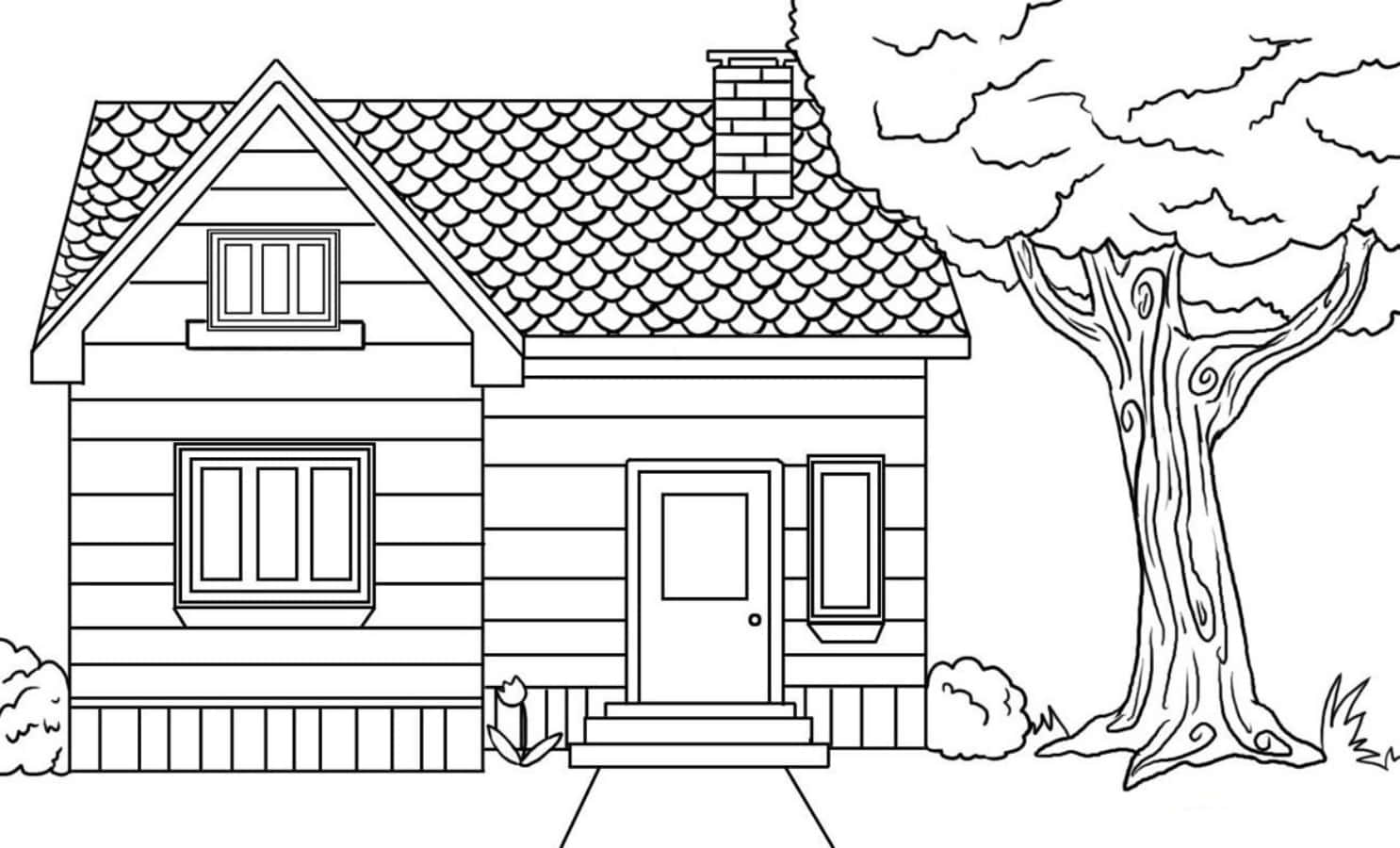 House Colouring 桌布 壁紙 — 一間迷人的房子，帶有魚鱗狀屋頂和煙囪，站在一棵彎曲的樹旁，天空多雲。