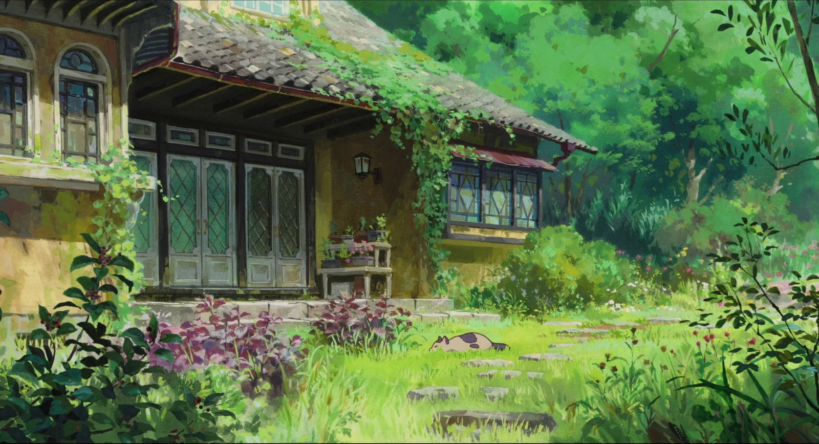 Studio 桌布 壁紙 — 一間迷人的房子坐落在茂密的綠植中，常春藤攀爬在牆上，一隻貓在陽光明媚的花園裡安靜地休息。