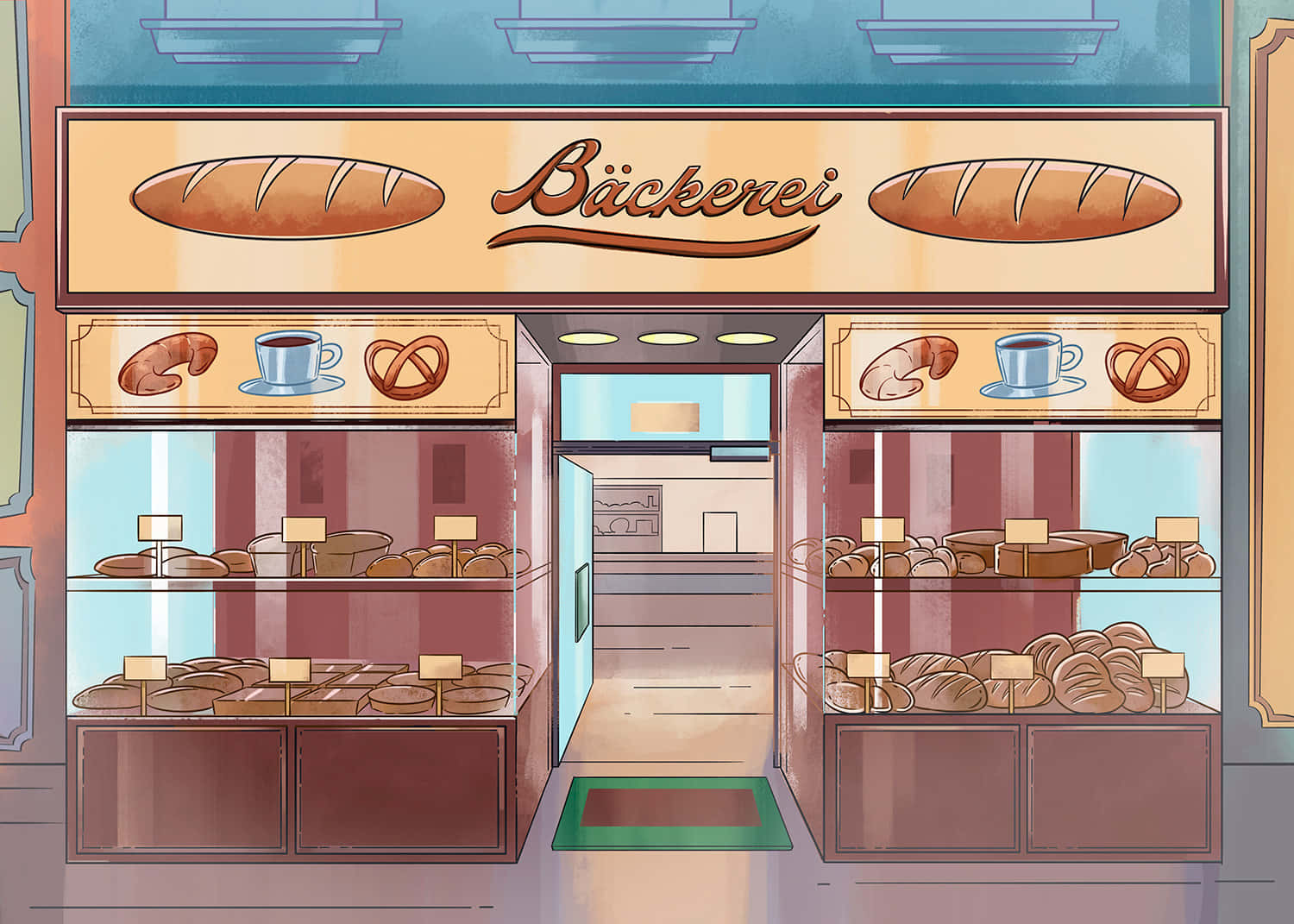 烘焙坊 桌布 壁紙 — 一間迷人的插圖風格烘焙店門面，在寫有 Bäckerei 的招牌下展示著溫暖金黃的麵包、糕點和咖啡杯。