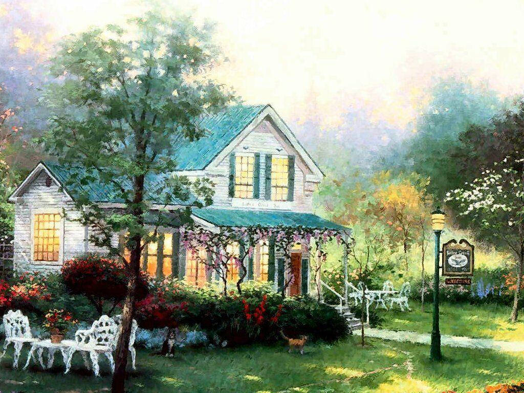 房屋 桌布 壁紙 — 一間迷人的白色小屋，配有綠色百葉窗和門廊，在柔和的金色夕陽餘暉下盛開。