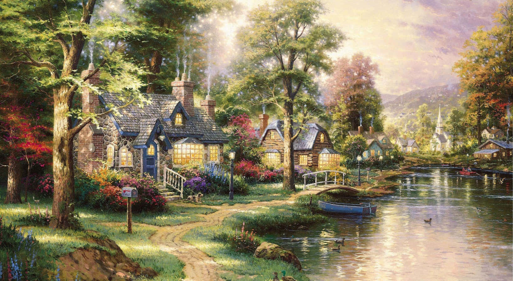 Visual Art 桌布 壁紙 — 一間迷人的石頭小屋，窗戶閃爍著光芒，坐落在寧靜的河邊，沐浴在柔和的金色夕陽下。