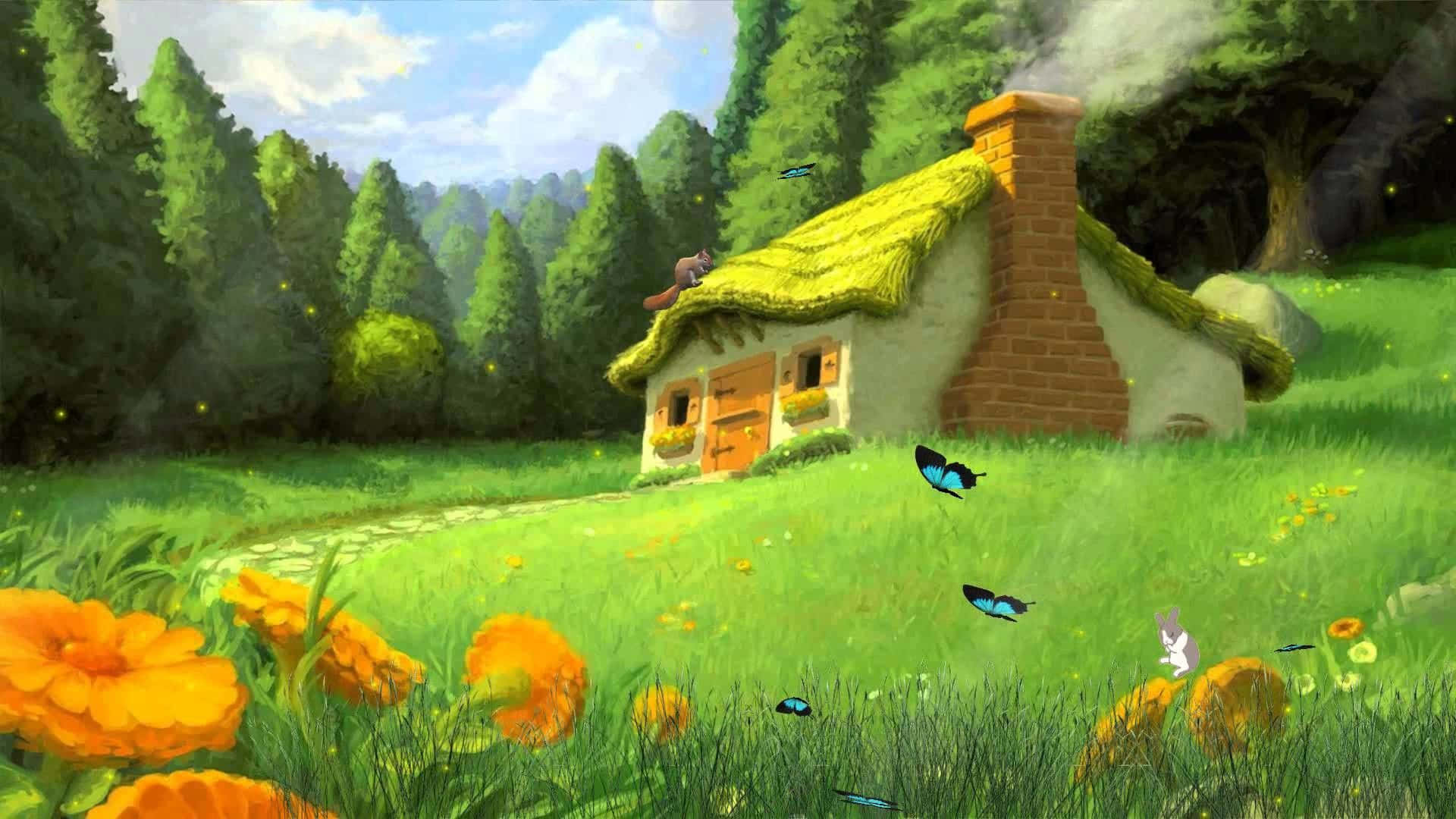 動畫 桌布 壁紙 — 一間迷人的茅草屋坐落於陽光普照的草地上，周圍有鮮豔的橙色花朵和翩翩起舞的藍色蝴蝶。
