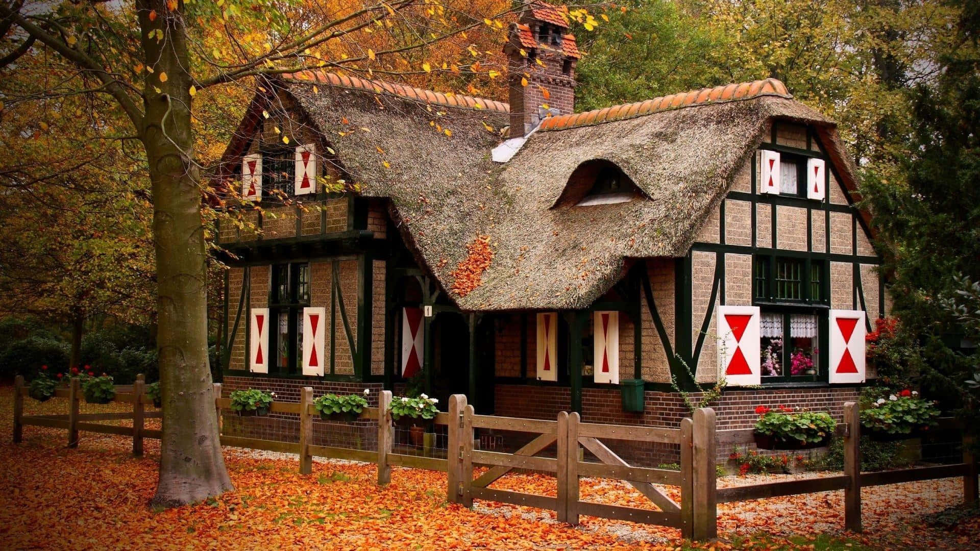 Beautiful House 桌布 壁紙 — 一間迷人的茅草屋頂小屋，配有紅白菱形百葉窗，坐落在金色的秋林中。