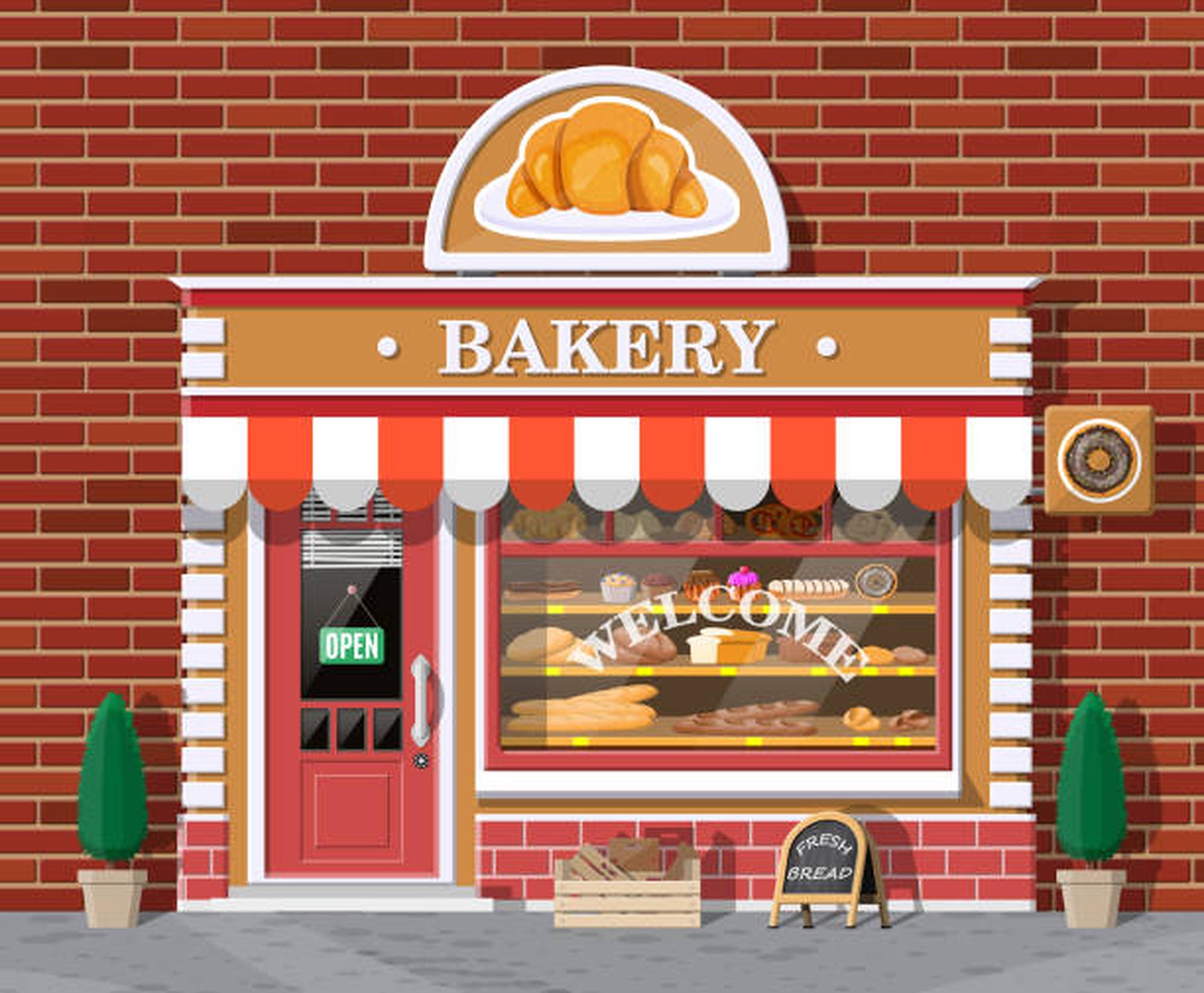 Bakery 桌布 壁紙 — 一間迷人的麵包店，紅磚牆和條紋遮陽篷，透過窗戶展示新鮮的麵包和糕點。