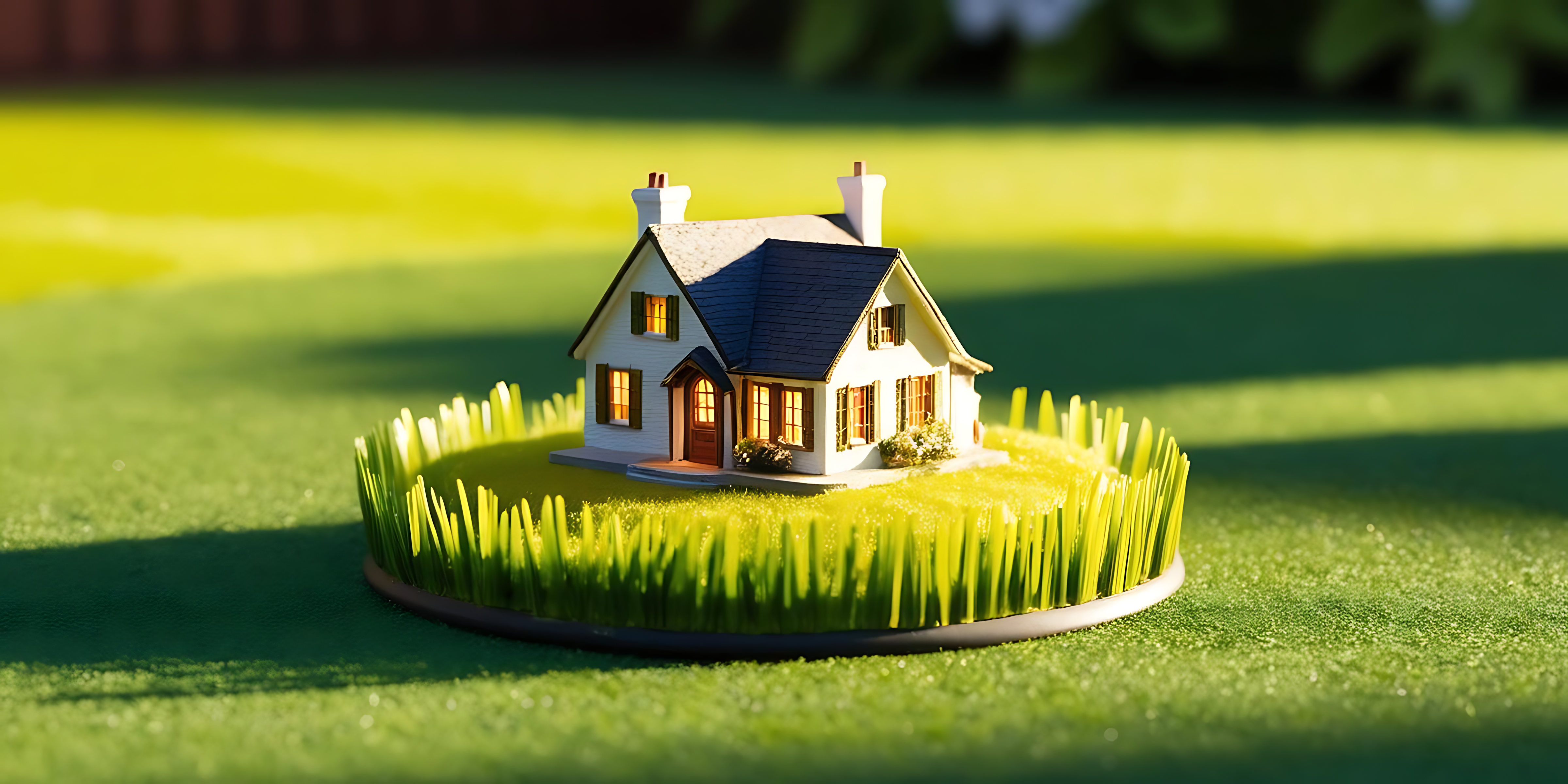 Sunny Day 桌布 壁紙 — 一間迷你白色小屋，窗戶發光，坐落在一片圓形的鮮綠色草地上，沐浴在明亮的陽光下。