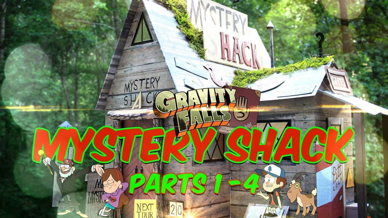神秘小鎮大冒險 桌布 壁紙 — 一間長滿苔蘚的古怪卡通小屋，帶有「Mystery Shack」標牌和森林中的動畫角色。