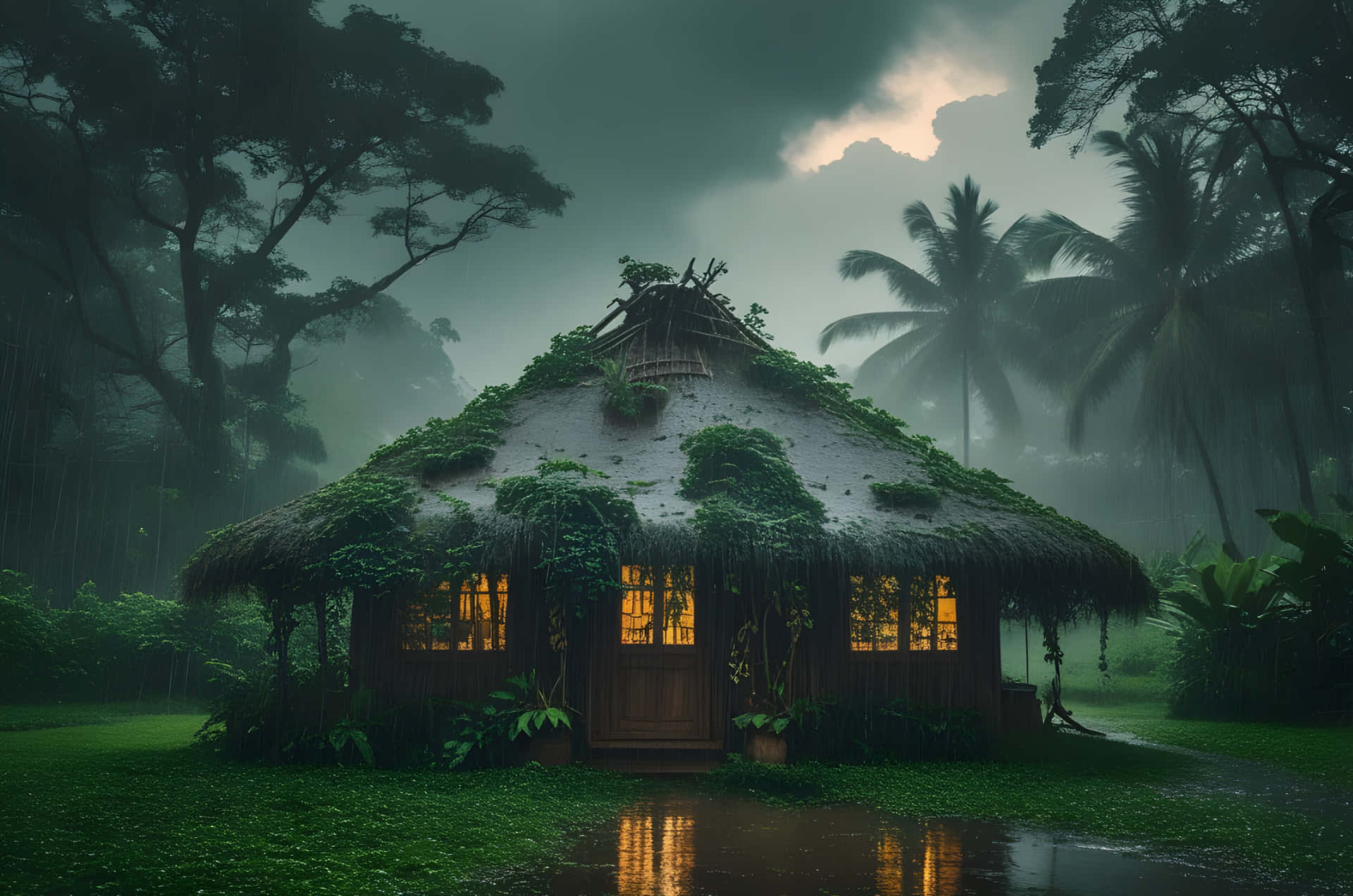 the rainy session with a small home 壁紙 — 一間長滿青苔的茅草屋，窗戶透出光芒，獨自矗立在迷霧籠罩的雨林中，天空風雨欲來。