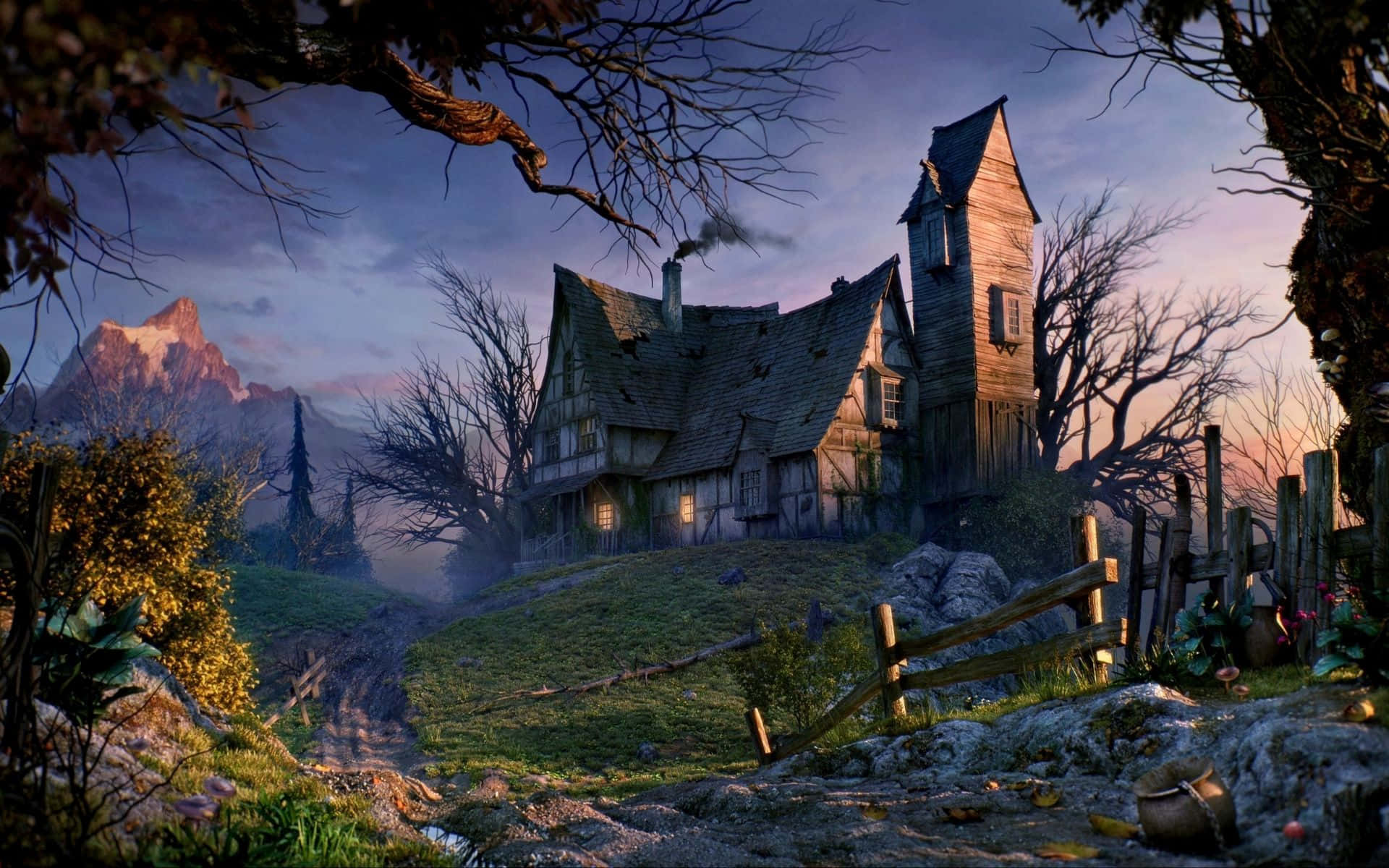 Haunted House 桌布 壁紙 — 一間陰森的木屋，窗戶發著光，坐落在黃昏時分的山丘上，周圍是光禿禿的樹木和遠處的雪山。