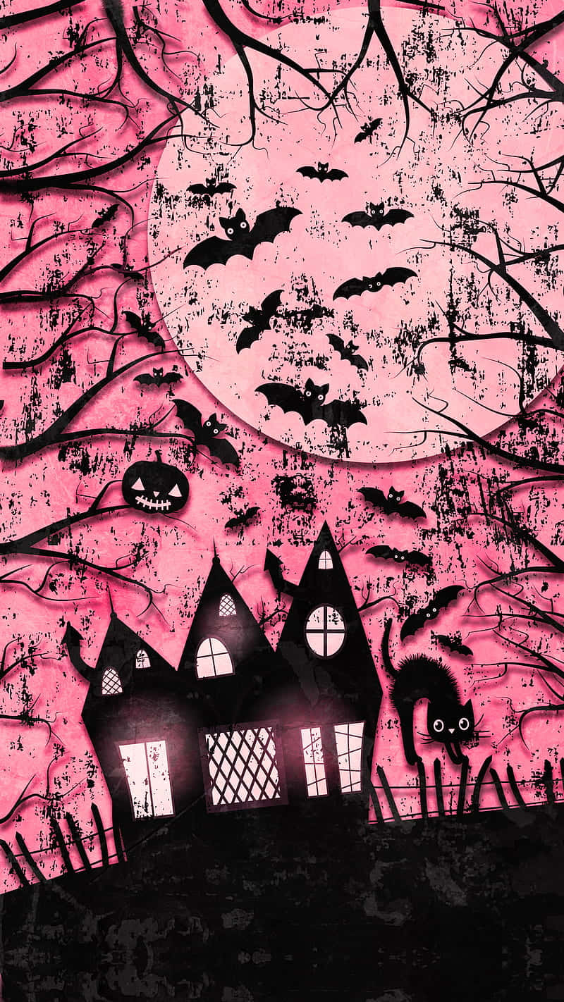 Pink Halloween 桌布 壁紙 — 一間陰森的黑鬼屋，窗戶發光，位於滿是蝙蝠和光禿樹木的粉紅色天空下。