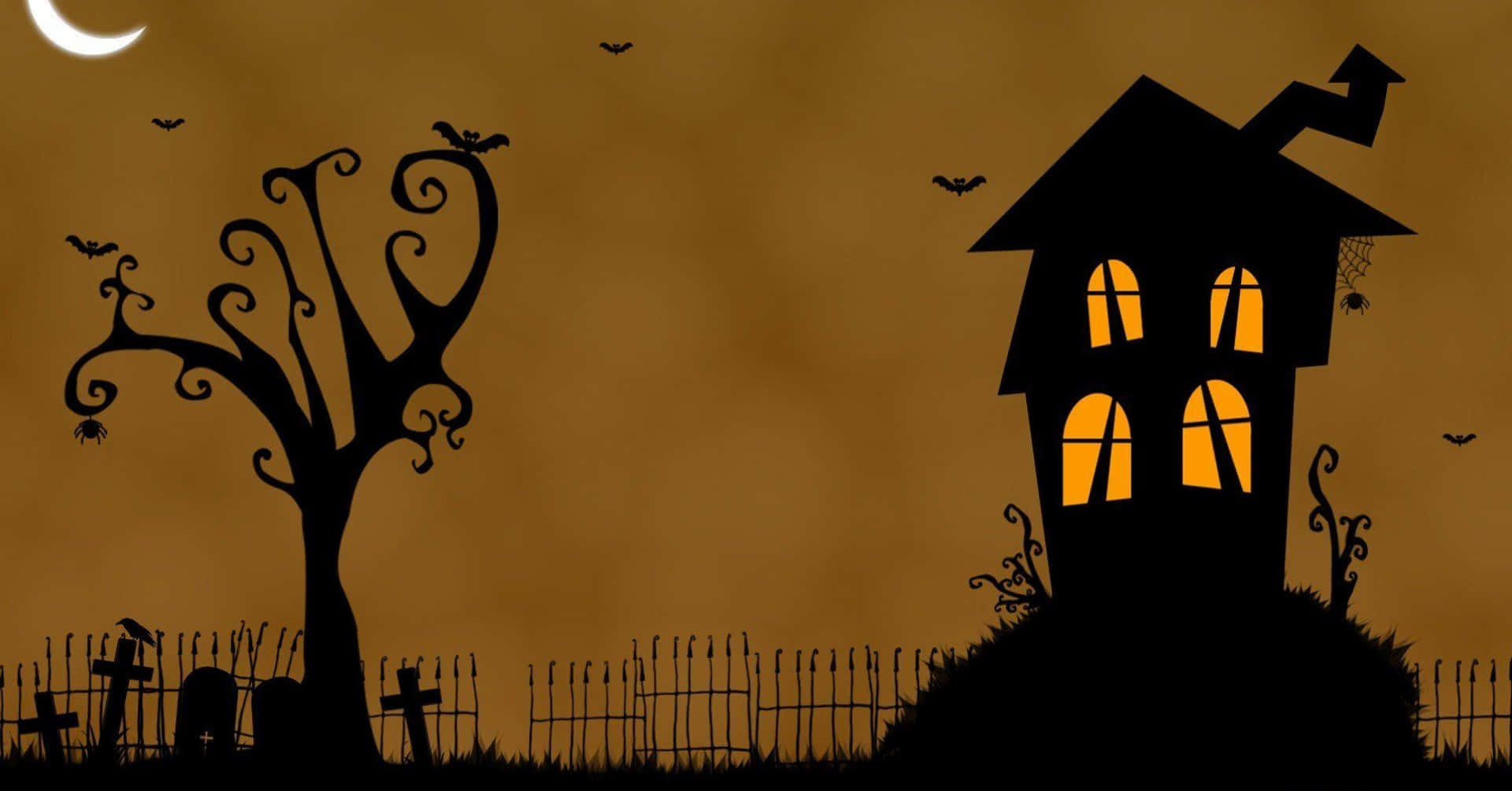 樹木 桌布 壁紙 — 一間陰森鬼屋，窗戶發光，位於新月下的墓地中，旁邊有一棵扭曲的樹。