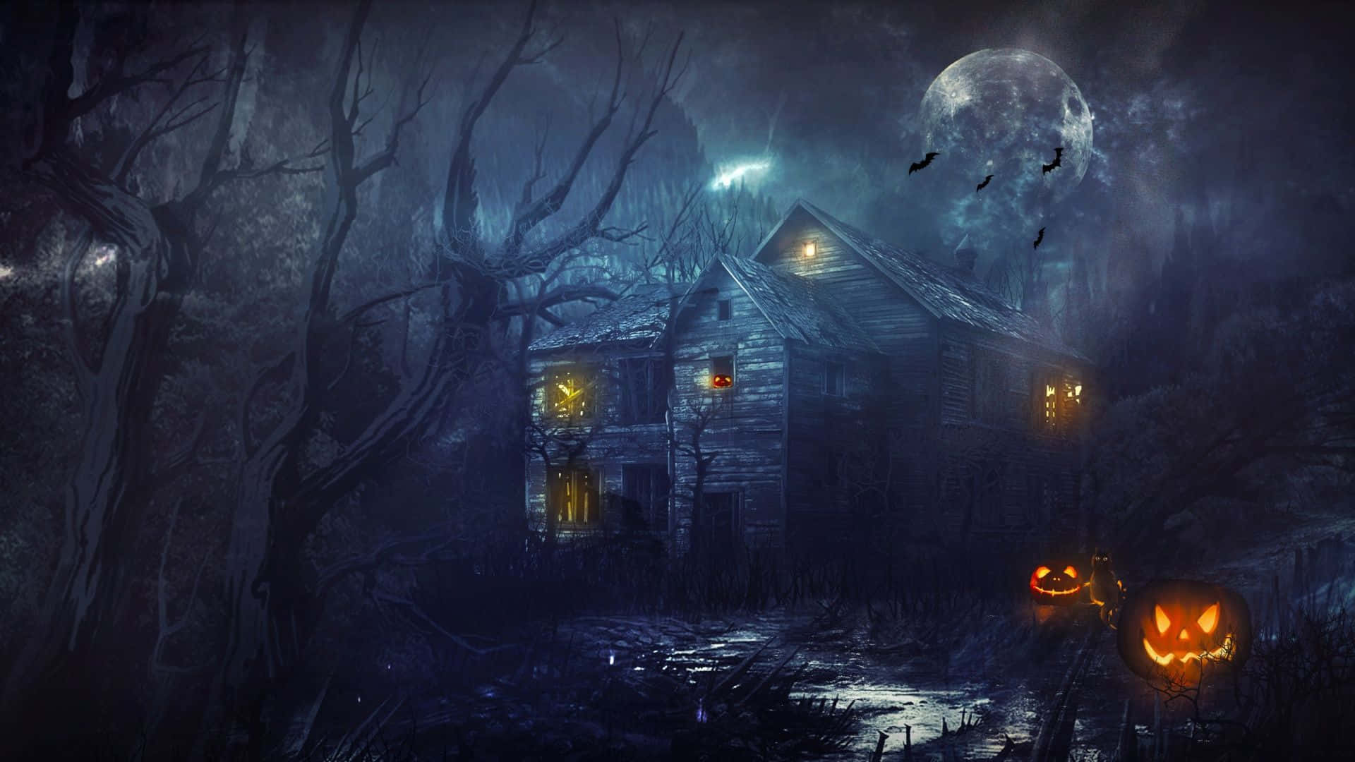 Scary Halloween Desktop 桌布 壁紙 — 一間陰森鬼屋，窗戶發光，南瓜燈籠，滿月下蝙蝠飛舞。