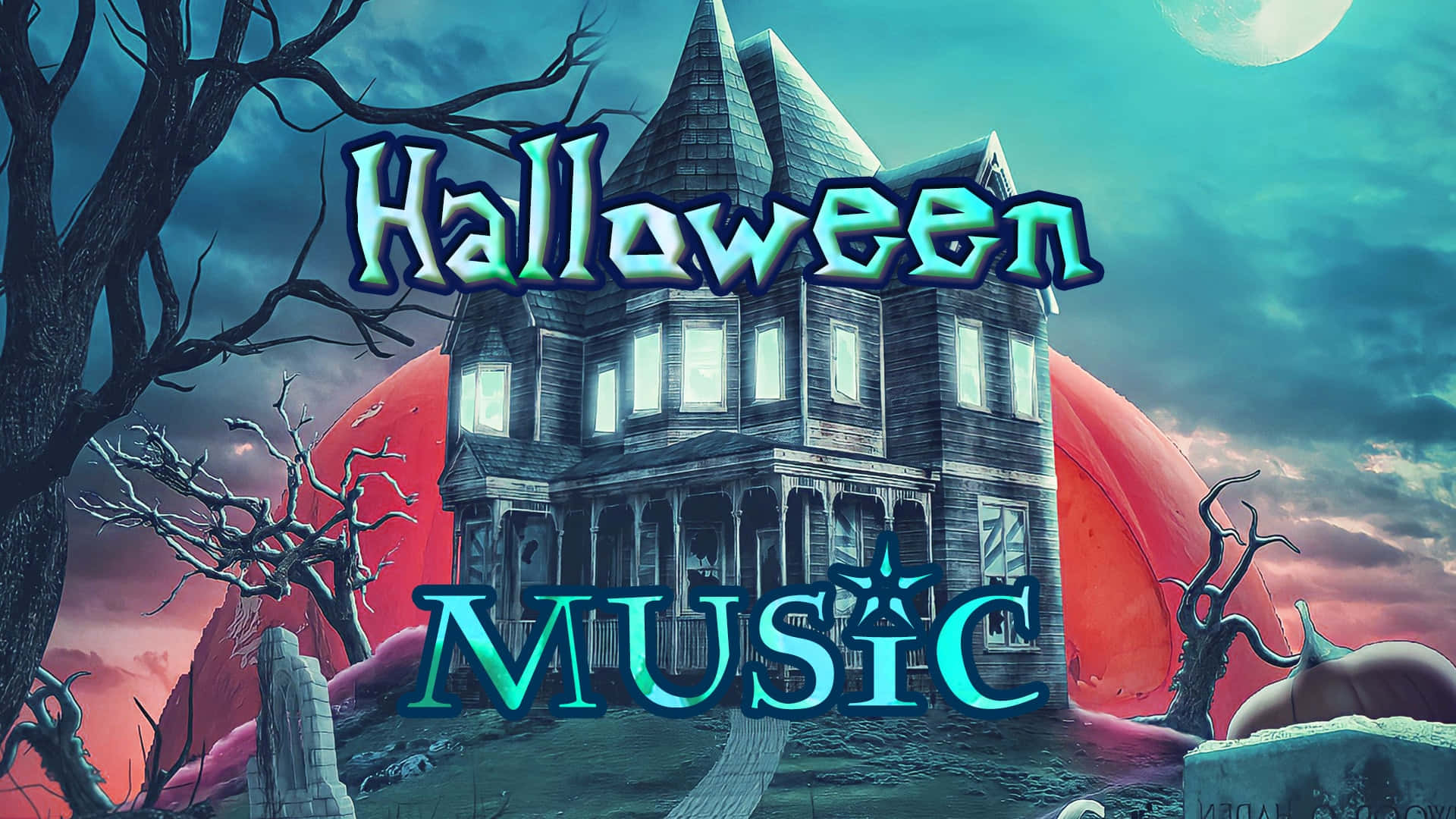 Halloween Music 桌布 壁紙 — 一間陰森鬼屋，窗戶發光，矗立在血紅月亮和扭曲樹木下，是一幅萬聖節主題的數位插畫。