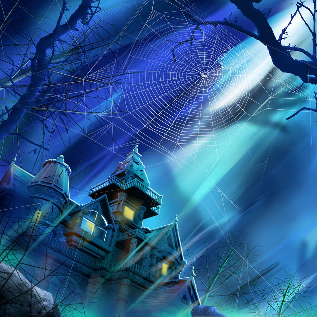 Haunted House 桌布 壁紙 — 一間陰森鬼屋，窗戶發光，被光禿禿的樹木和巨大的蜘蛛網環繞，在發光的藍天下。