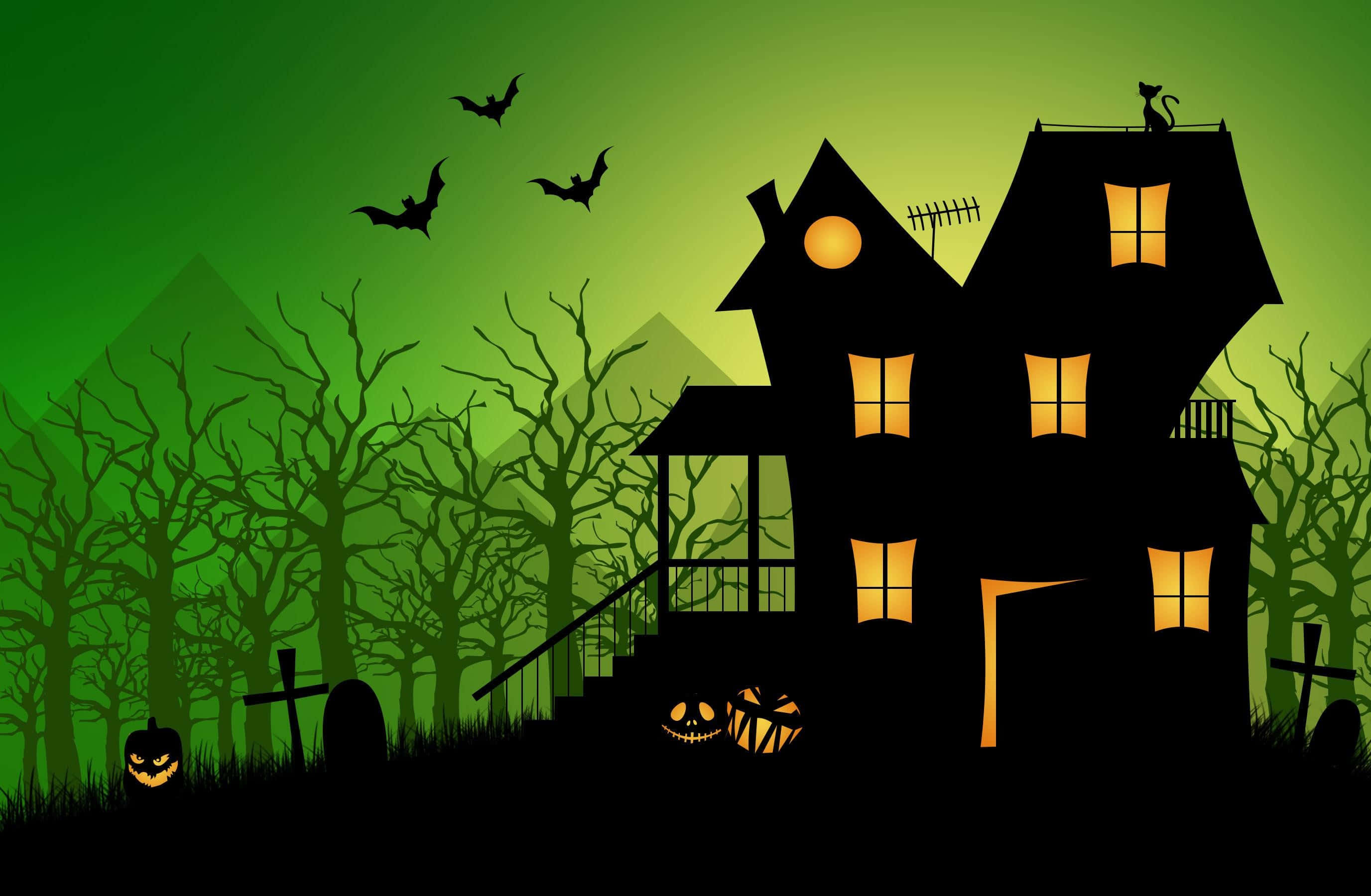 haunted 桌布 壁紙 — 一間陰森鬼屋，窗戶發光，門前有南瓜燈，矗立在墓地中，天空呈綠色，蝙蝠飛舞。