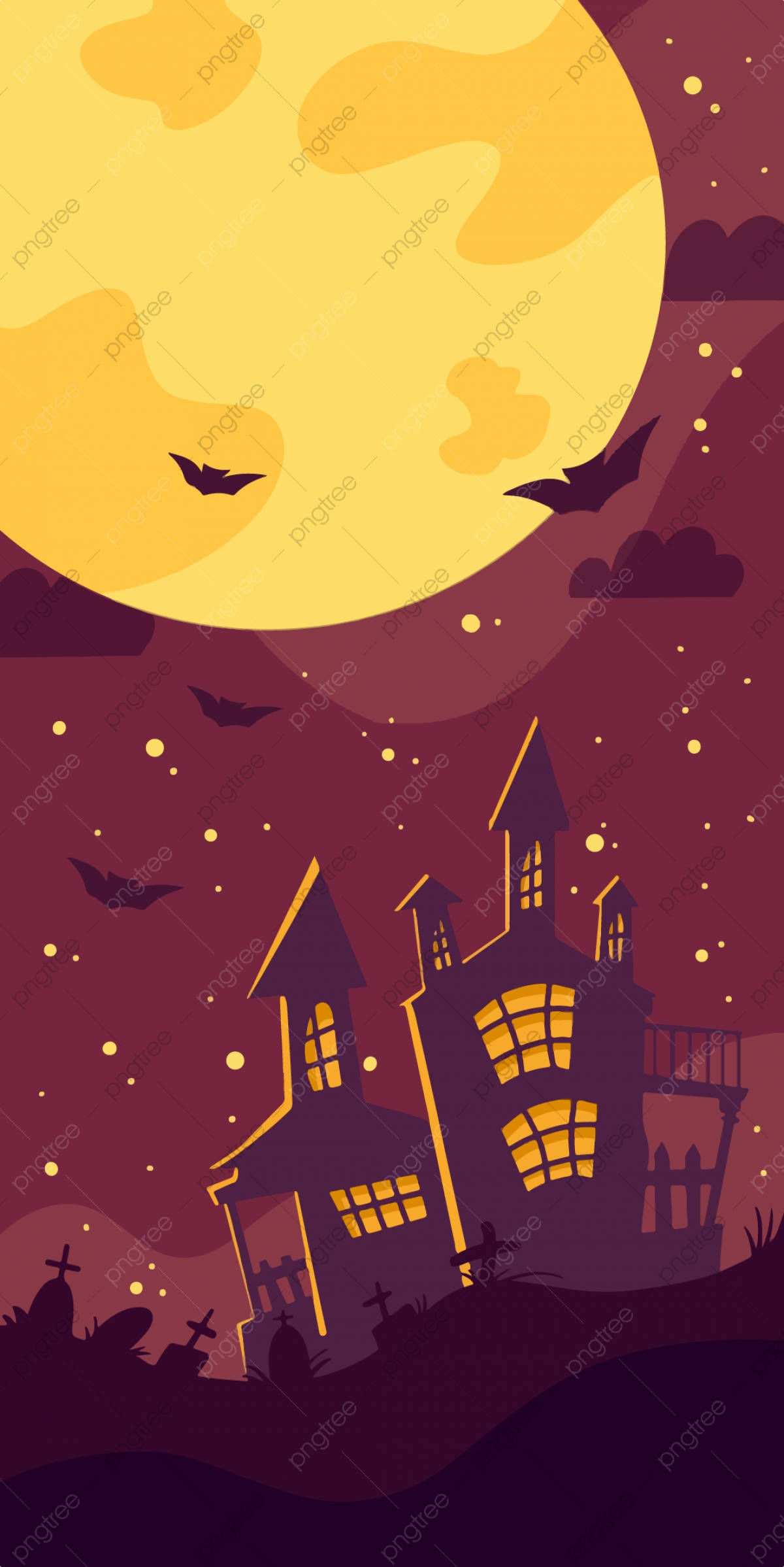 Halloween Phone 桌布 壁紙 — 一間陰森鬼屋，窗戶發著光，矗立在巨大的黃色月亮下，蝙蝠在繁星點點的紫色夜空中飛翔。