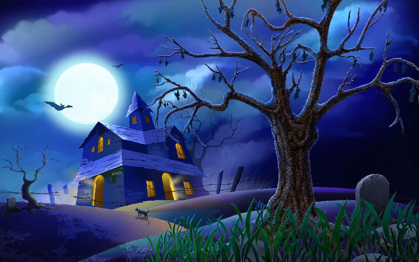 Animated Halloween 桌布 壁紙 — 一間陰森鬼屋在滿月下發光，有光禿禿的樹木和一隻黑貓在墓地裡。
