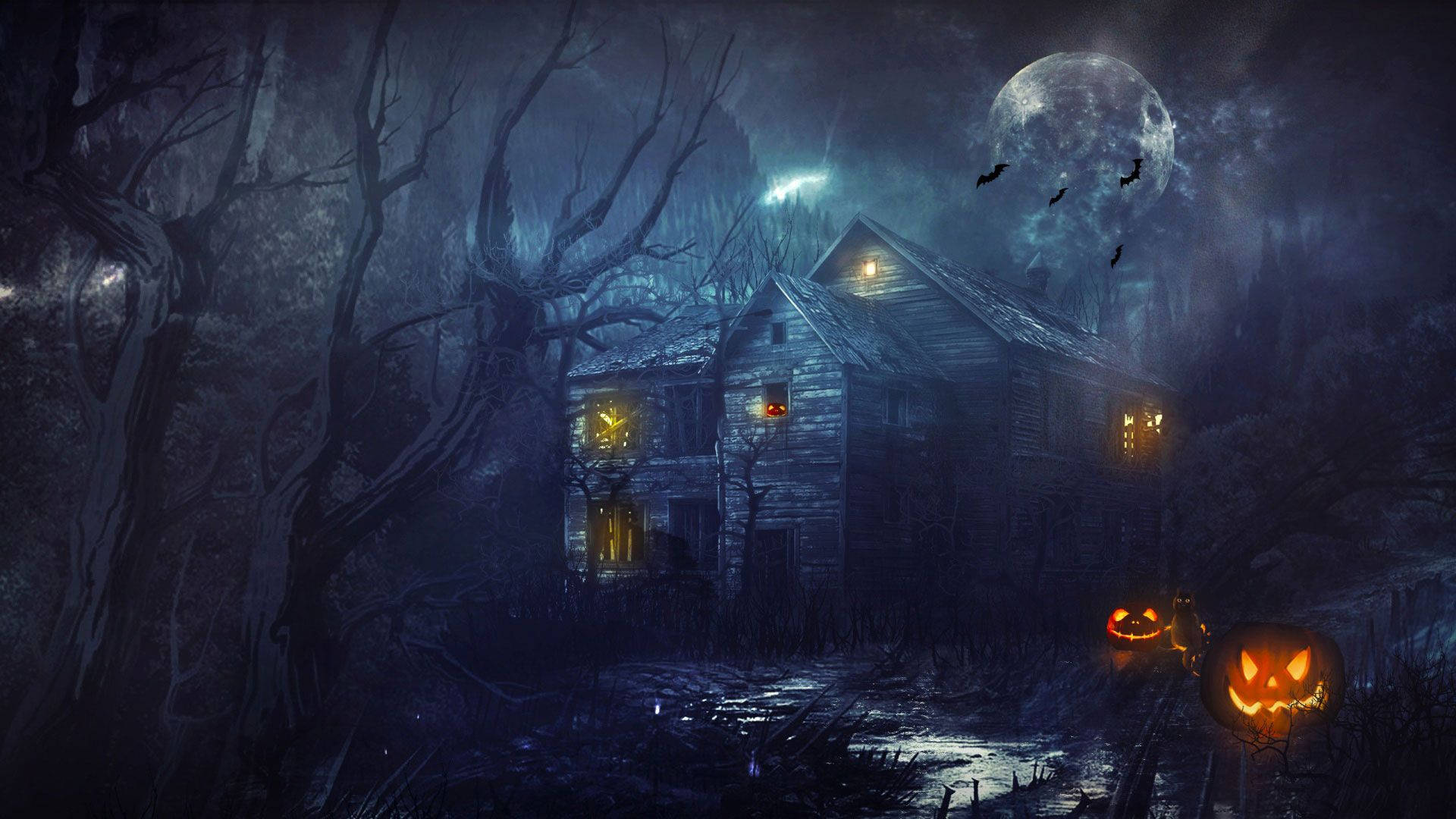 Dark Halloween 桌布 壁紙 — 一間陰森鬼屋在滿月下發光，蝙蝠飛舞，南瓜燈照亮了詭異的森林小徑。