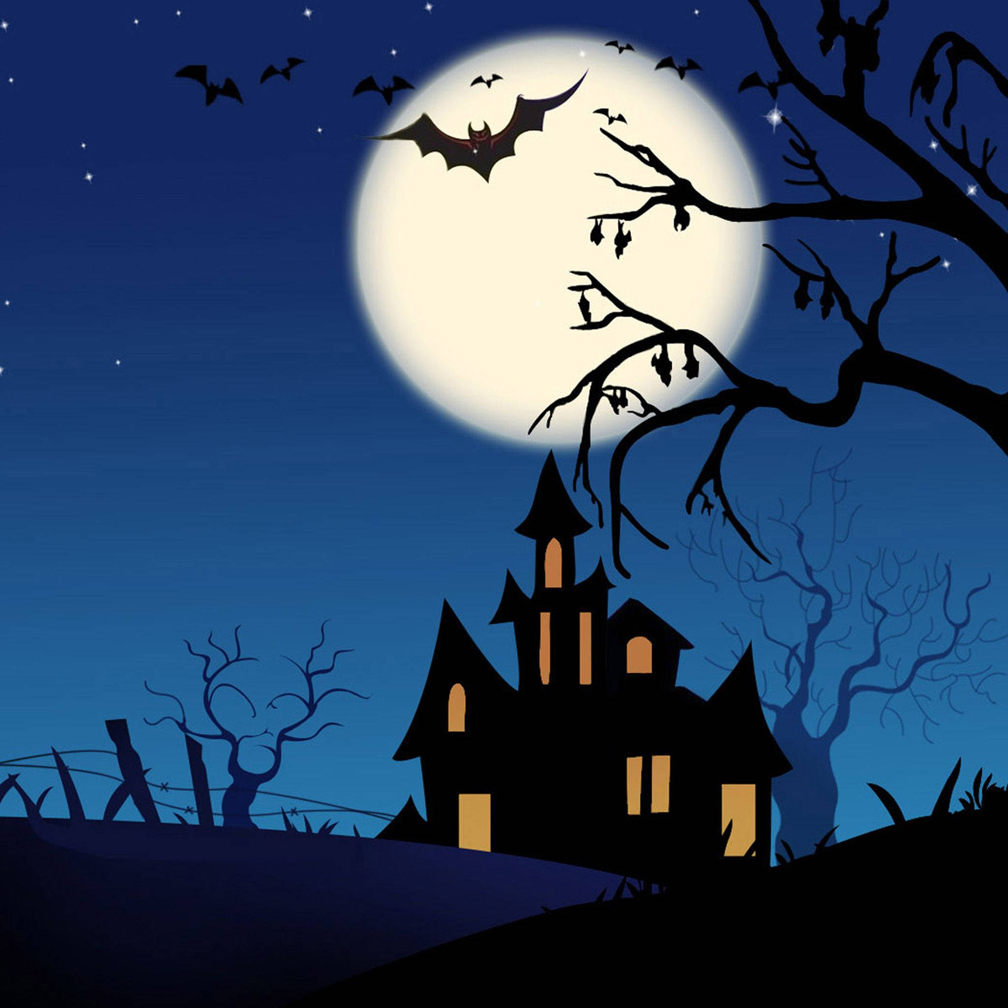 Halloween iPad 桌布 壁紙 — 一間陰森鬼屋在滿月襯托下呈現剪影，蝙蝠飛舞，光禿樹木襯托深藍夜空。
