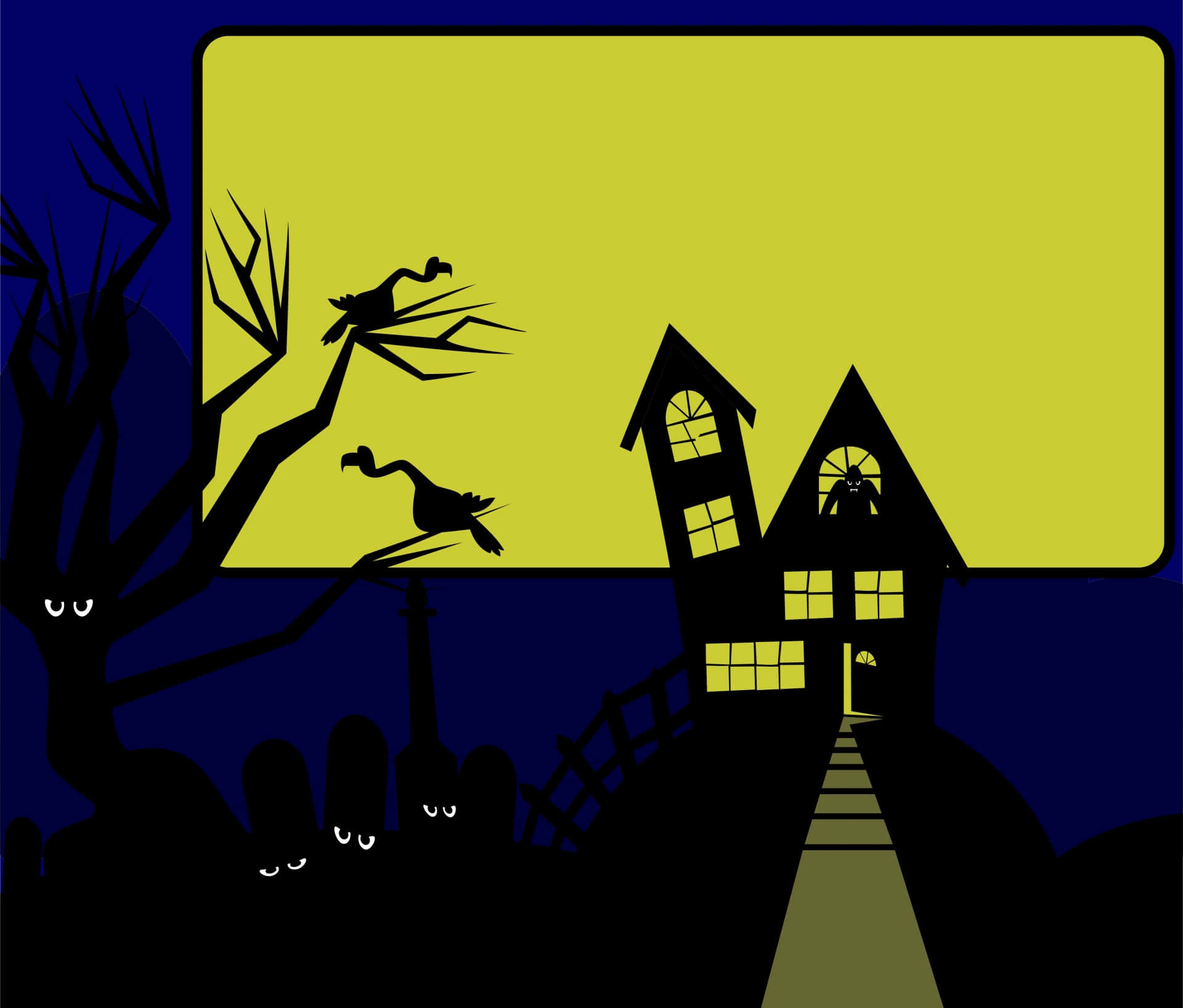 Spooky Halloween 桌布 壁紙 — 一間陰森鬼屋帶有發光的窗戶，矗立在明亮的黃色天空下，剪影般的烏鴉棲息在扭曲的樹木上，帶有眼睛的墓碑向上凝視。