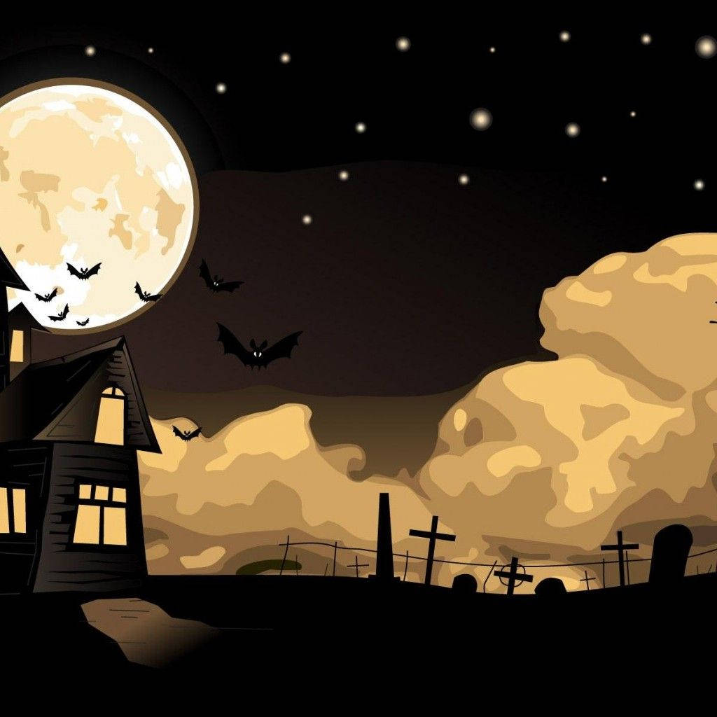 Halloween iPad 桌布 壁紙 — 一間陰森鬼屋閃爍著窗戶，矗立在滿月下的墓地旁，蝙蝠在繁星點點的夜空中飛翔。