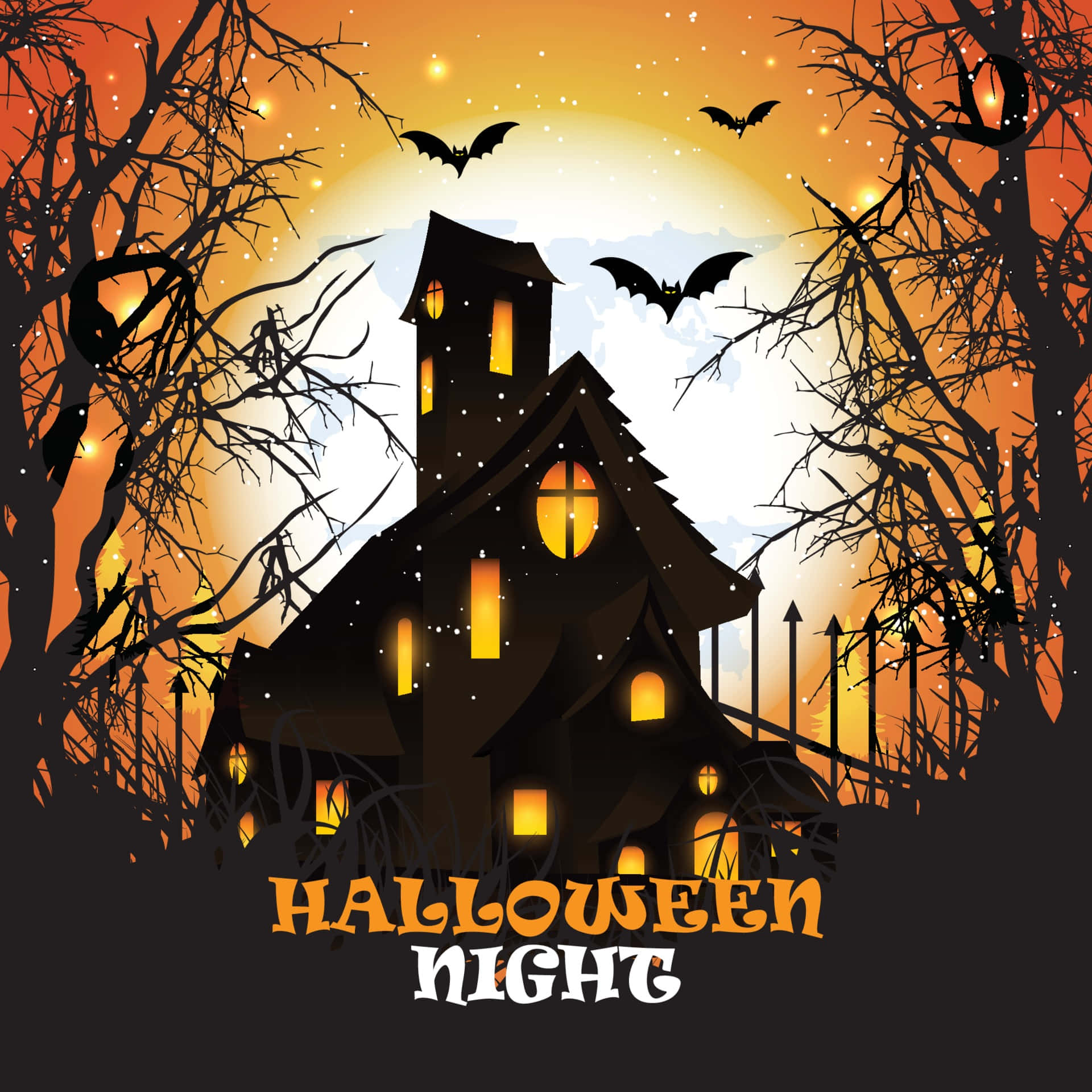Haunted House 桌布 壁紙 — 一間陰森鬼屋閃爍著窗戶光芒，矗立在橙黃色的暮色天空下，蝙蝠在光禿禿的樹木間飛翔。