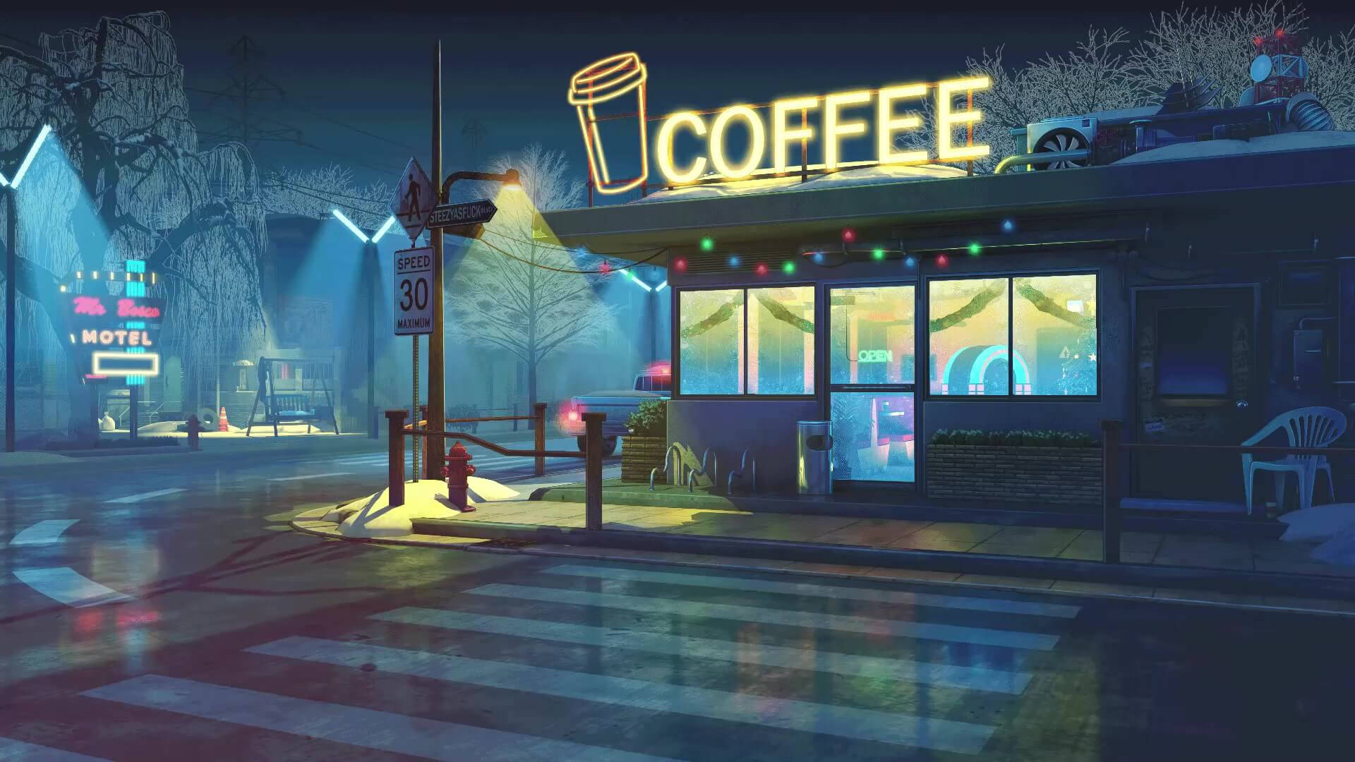 Sheesh 桌布 壁紙 — 一間霓虹燈咖啡店在雪夜中溫暖地發光，燈光映照在濕漉漉的路面上，光禿的樹木矗立在迷霧背景中。