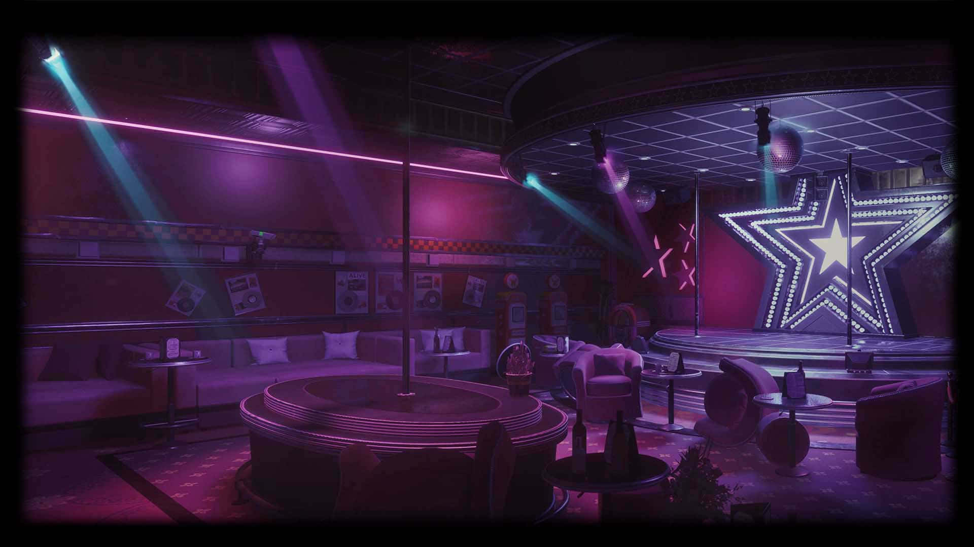 Casino 桌布 壁紙 — 一間霓虹燈照亮的復古夜總會，設有發光的星星舞台和紫色聚光燈，將戲劇性的光束投射在豪華座椅和迪斯科球上。