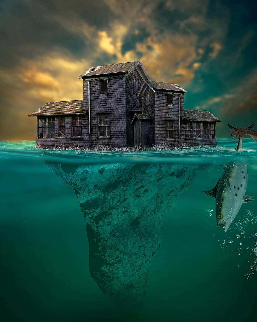 Underwater Scary Ocean 桌布 壁紙 — 一間風化的房屋漂浮在碧綠的水面上，一條魚在下方游動，一條鯨魚尾巴從水面露出，天空風暴密佈。