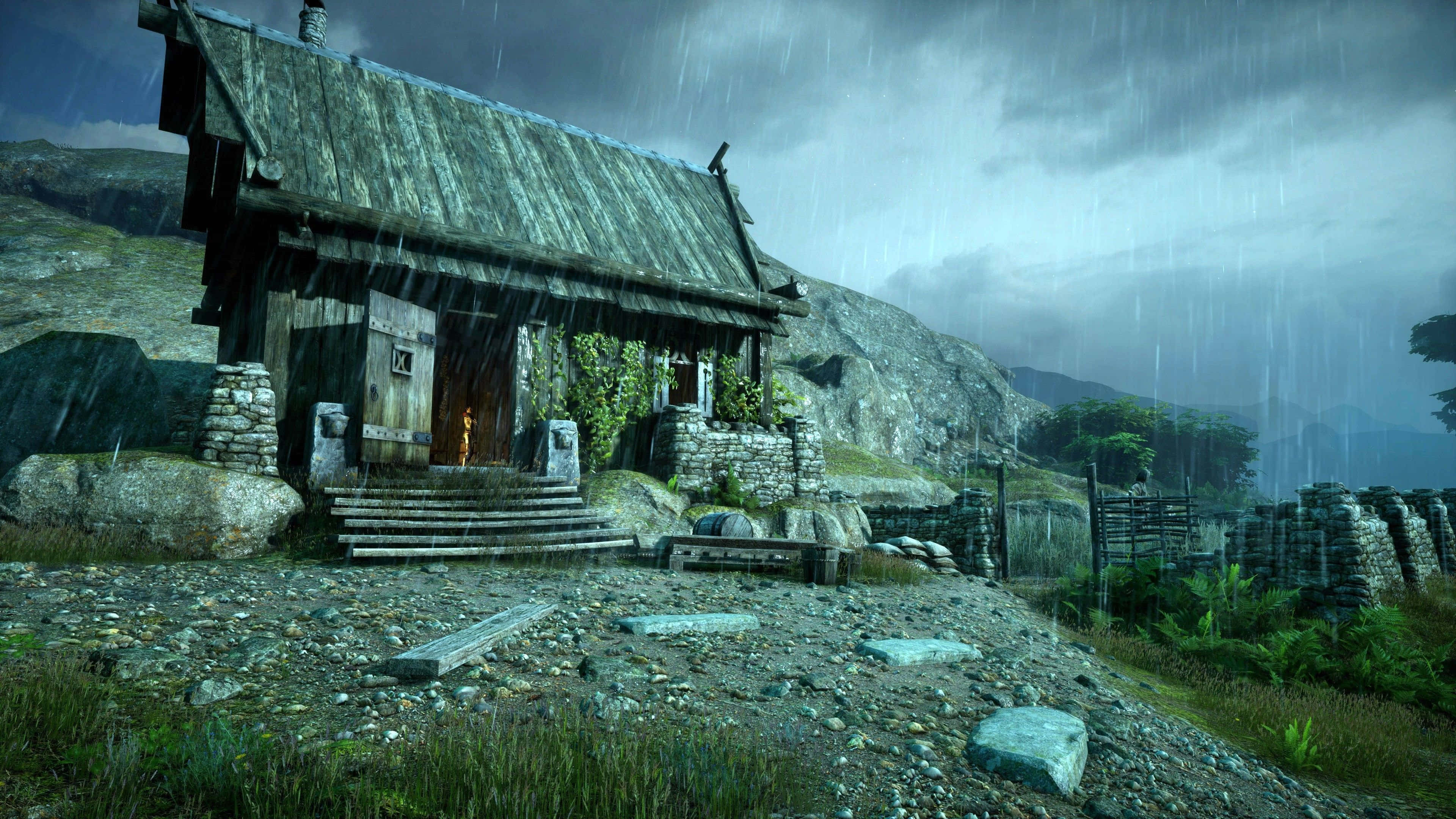 Open-world Games 桌布 壁紙 — 一間風化的木屋，門發著光，獨自矗立在暴雨浸透的山谷中，天空風起雲湧。