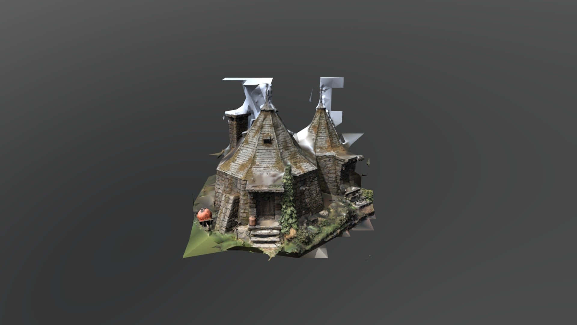 Hagrid's Hut 桌布 壁紙 — 一間風化的石頭小屋，長滿青苔的屋頂和破損的煙囪，漂浮在深色漸變背景上。