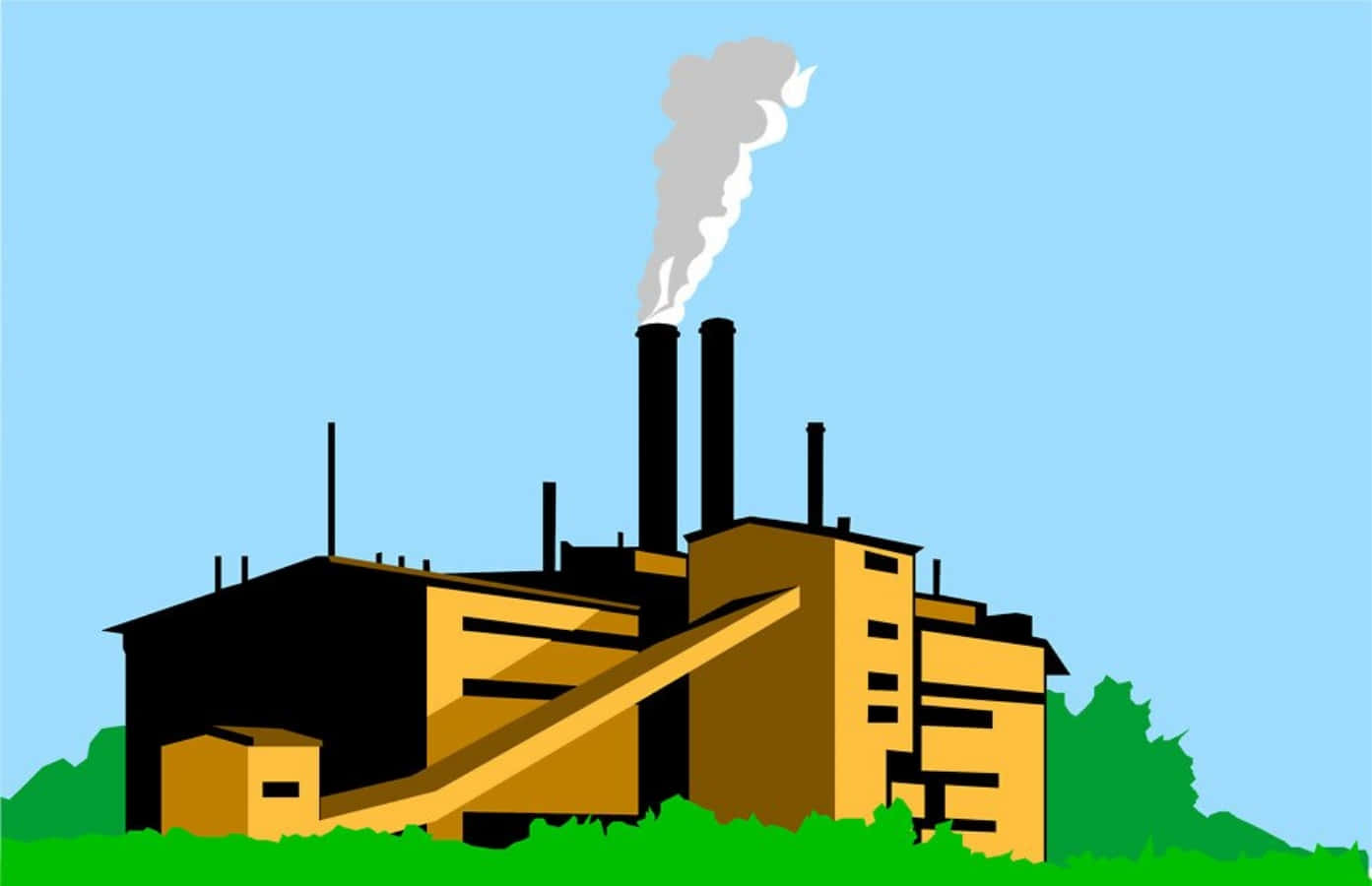 剪貼畫 桌布 壁紙 — 一間風格化工廠，煙囪排放灰色煙霧，背景是晴朗藍天和綠草。