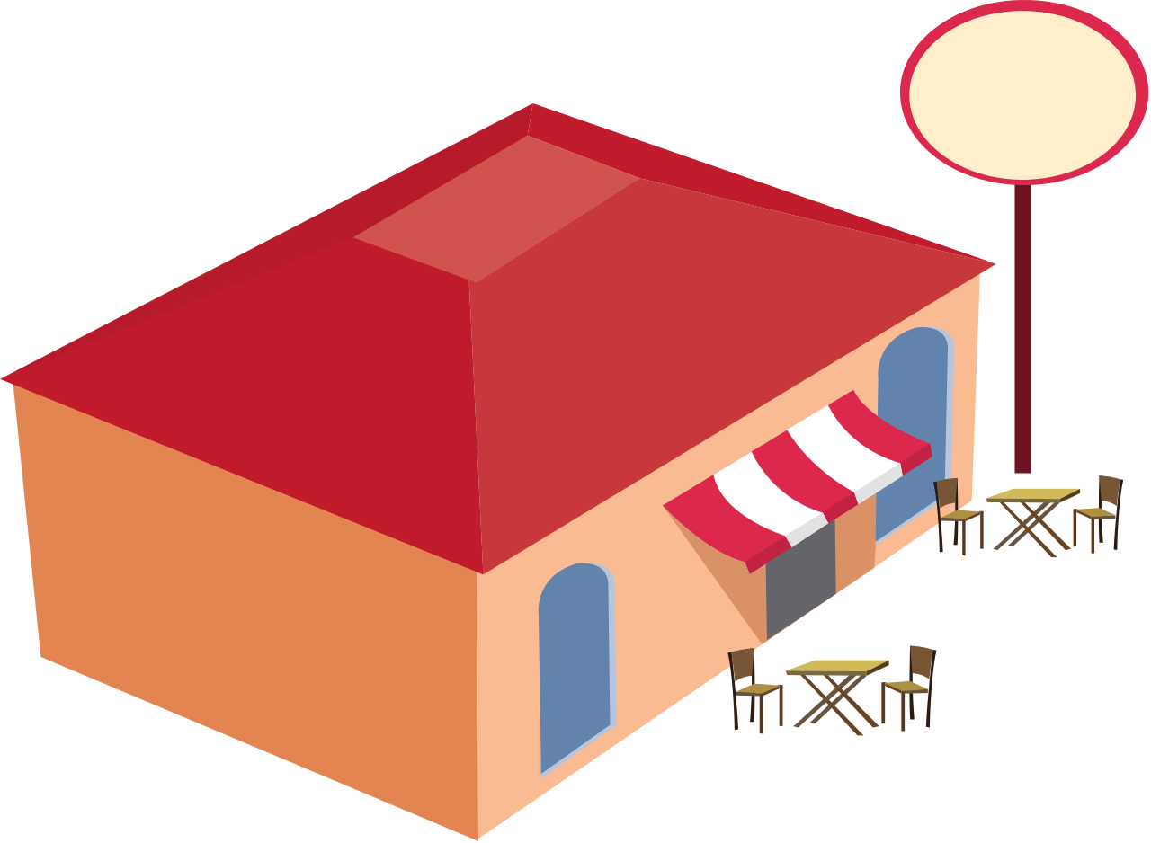 Restaurant 桌布 壁紙 — 一間風格化的咖啡館建築，紅色屋頂和條紋遮陽篷，設有戶外餐桌，背景為黑色。