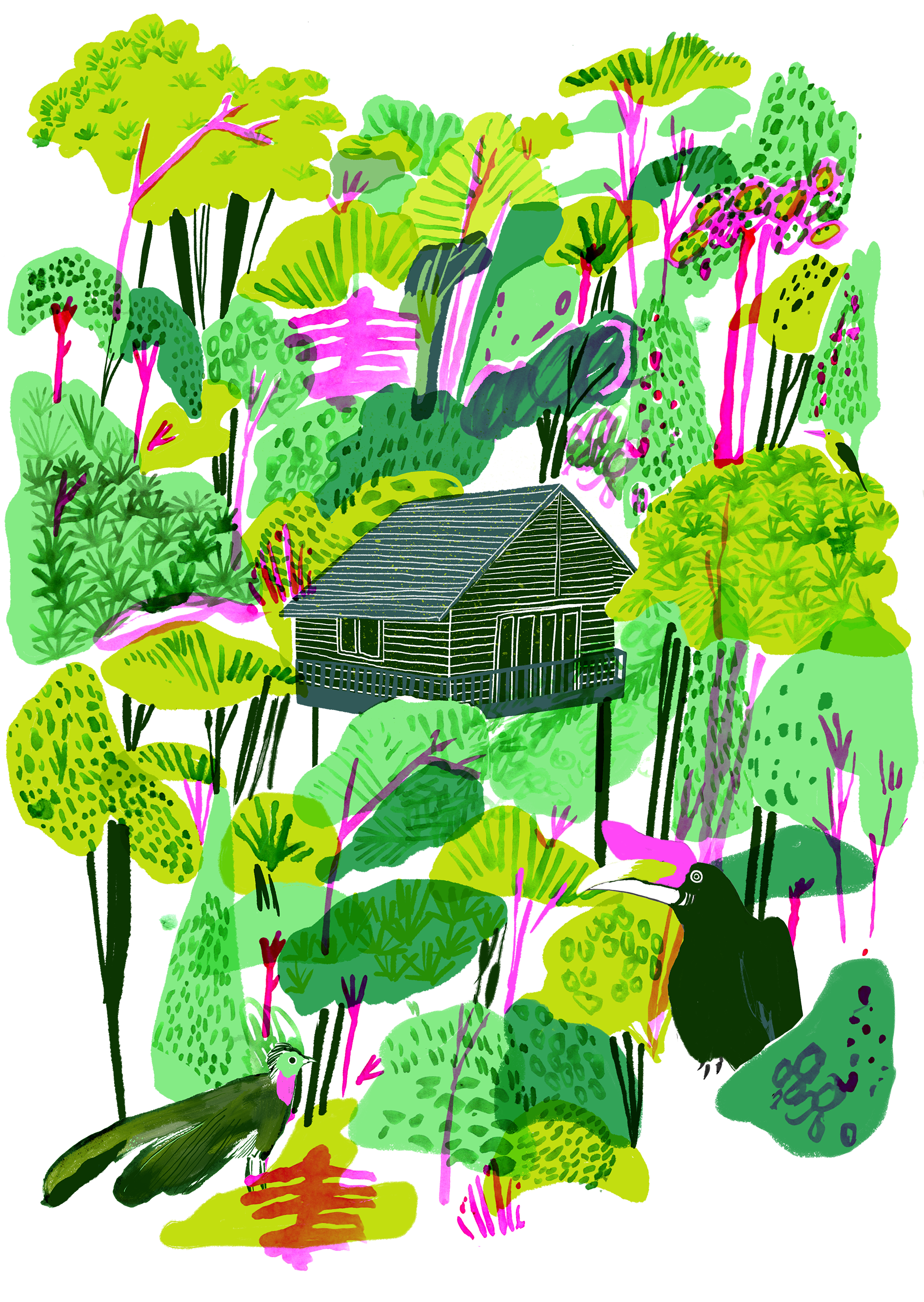 Trees Clipart 桌布 壁紙 — 一間風格化的小屋坐落在充滿活力的叢林中，叢林由霓虹綠和洋紅色樹葉組成，背景為黑色。