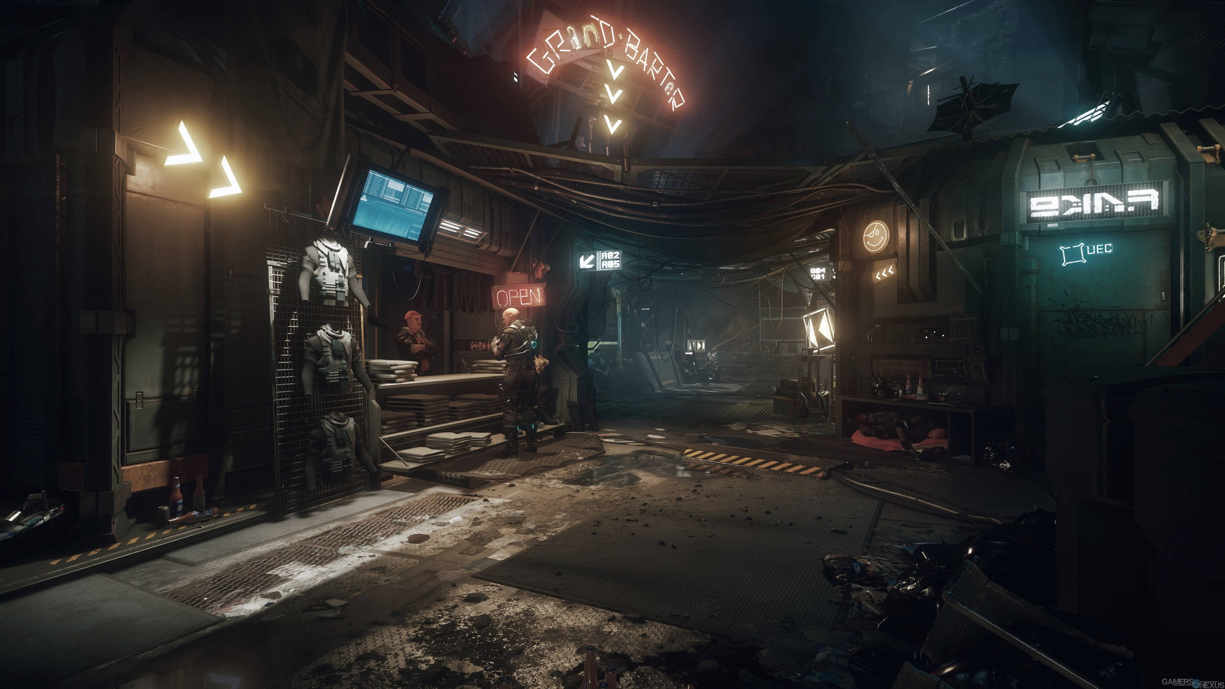 電玩遊戲 桌布 壁紙 — 一間骯髒、霓虹燈閃爍的 cyberpunk 酒吧，帶有全息招牌和身穿裝甲的顧客，位於夜間被雨水浸濕的小巷中。