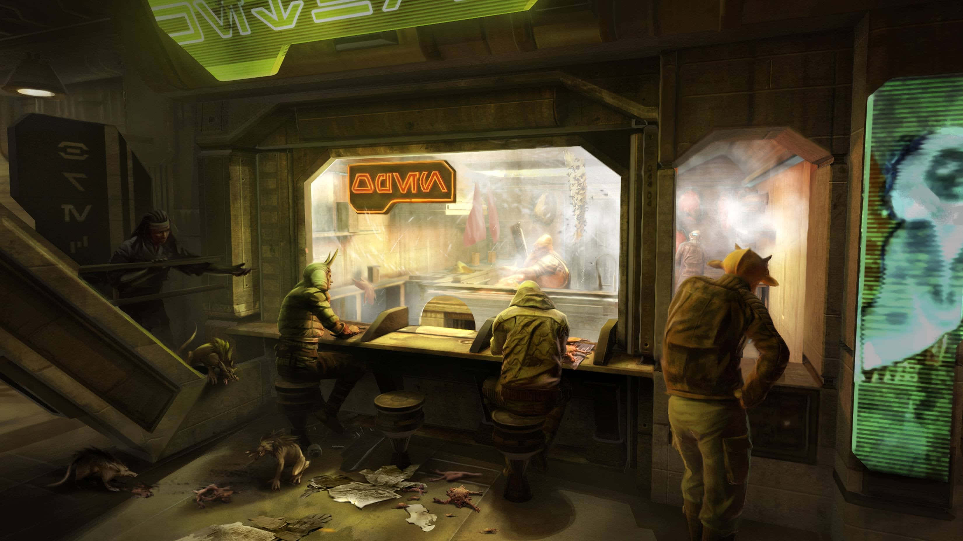 The Coruscant Underworld 桌布 壁紙 — 一間骯髒的科幻酒吧，霓虹招牌閃爍，戴著兜帽的顧客在昏暗燈光下於吧檯前喝酒。