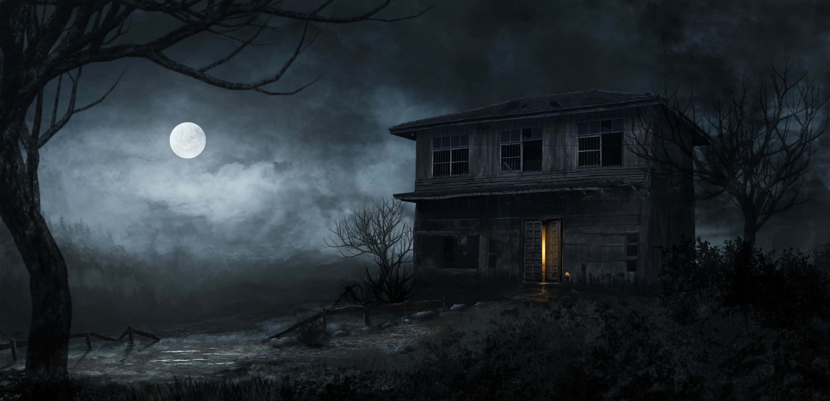 Haunted Forests 桌布 壁紙 — 一間鬼屋在滿月下孤獨地矗立，敞開的門透出詭異的光芒。