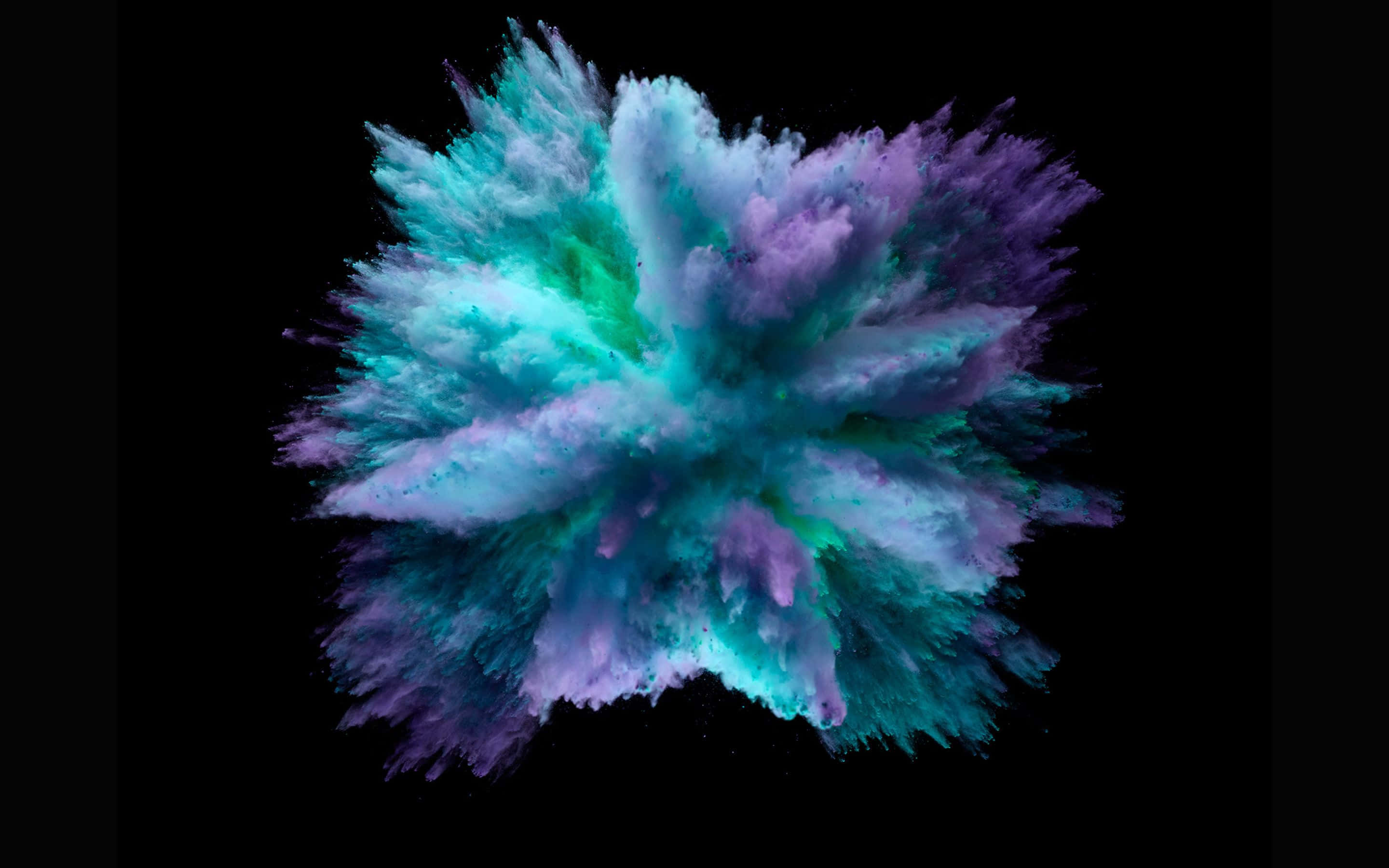 colors 桌布 壁紙 — 一陣充滿活力的青綠色和紫色粉末在純黑色背景上向外爆發。