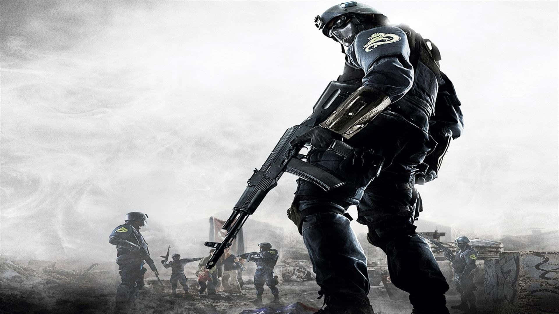 Battlefield 桌布 壁紙 — 一隊全副武裝、身穿戰術裝備的士兵在煙霧彌漫的戰區中前進，周圍是廢墟建築和瓦礫。