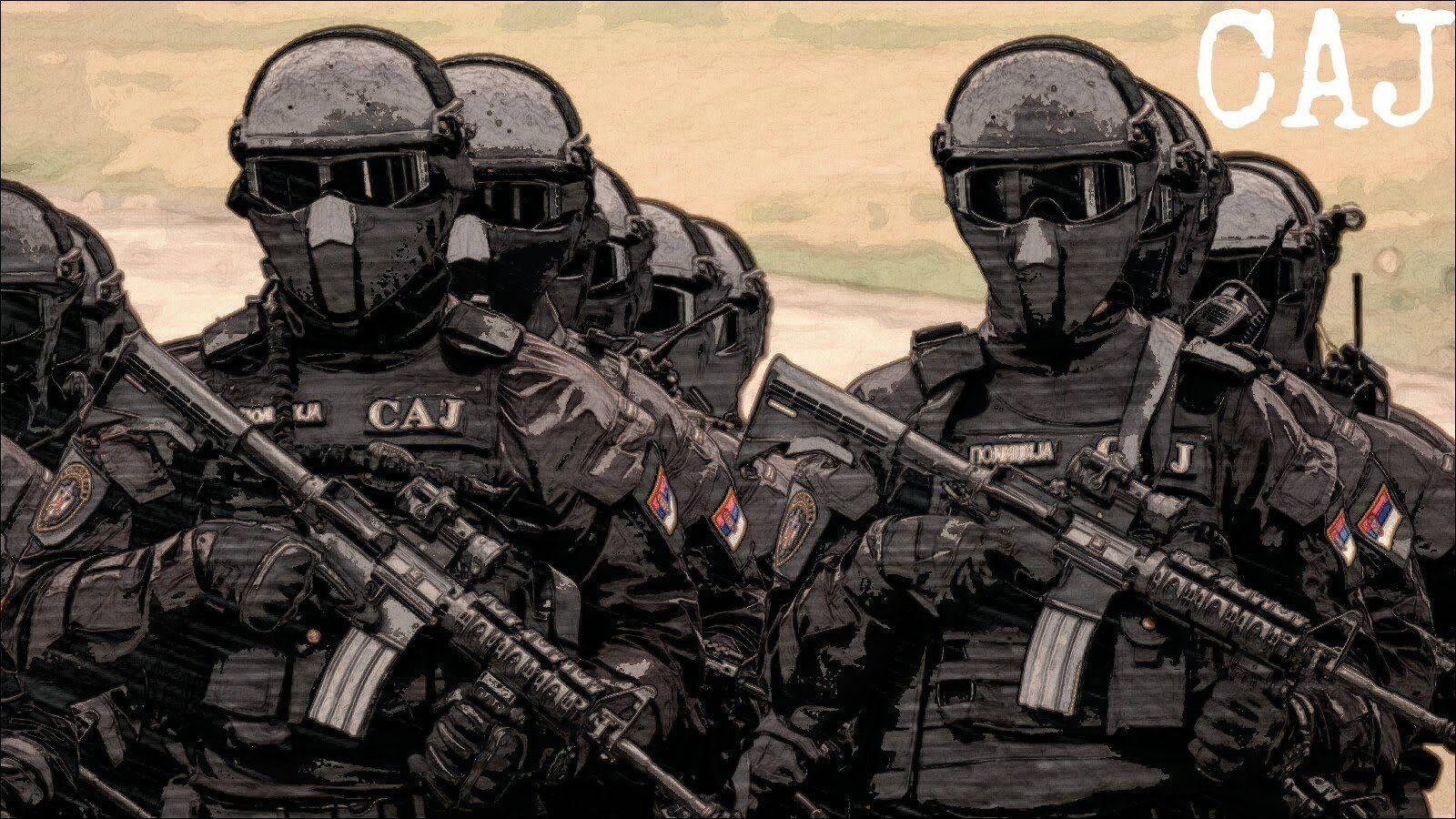 警察 桌布 壁紙 — 一隊全副武裝的戰術士兵身穿黑色裝備，持步槍列隊待命。