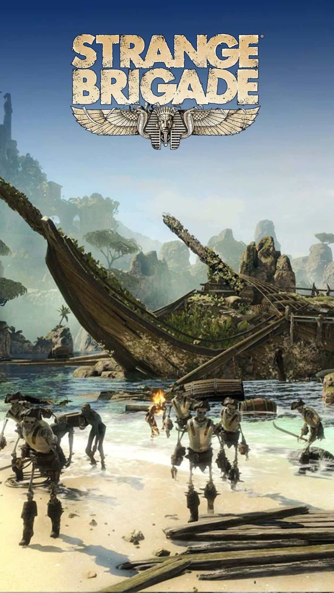 Android Strange Brigade 桌布 壁紙 — 一隊冒險家探索陽光明媚的熱帶海灘，背景有巨大的失事船隻和霧氣繚繞的叢林山脈。