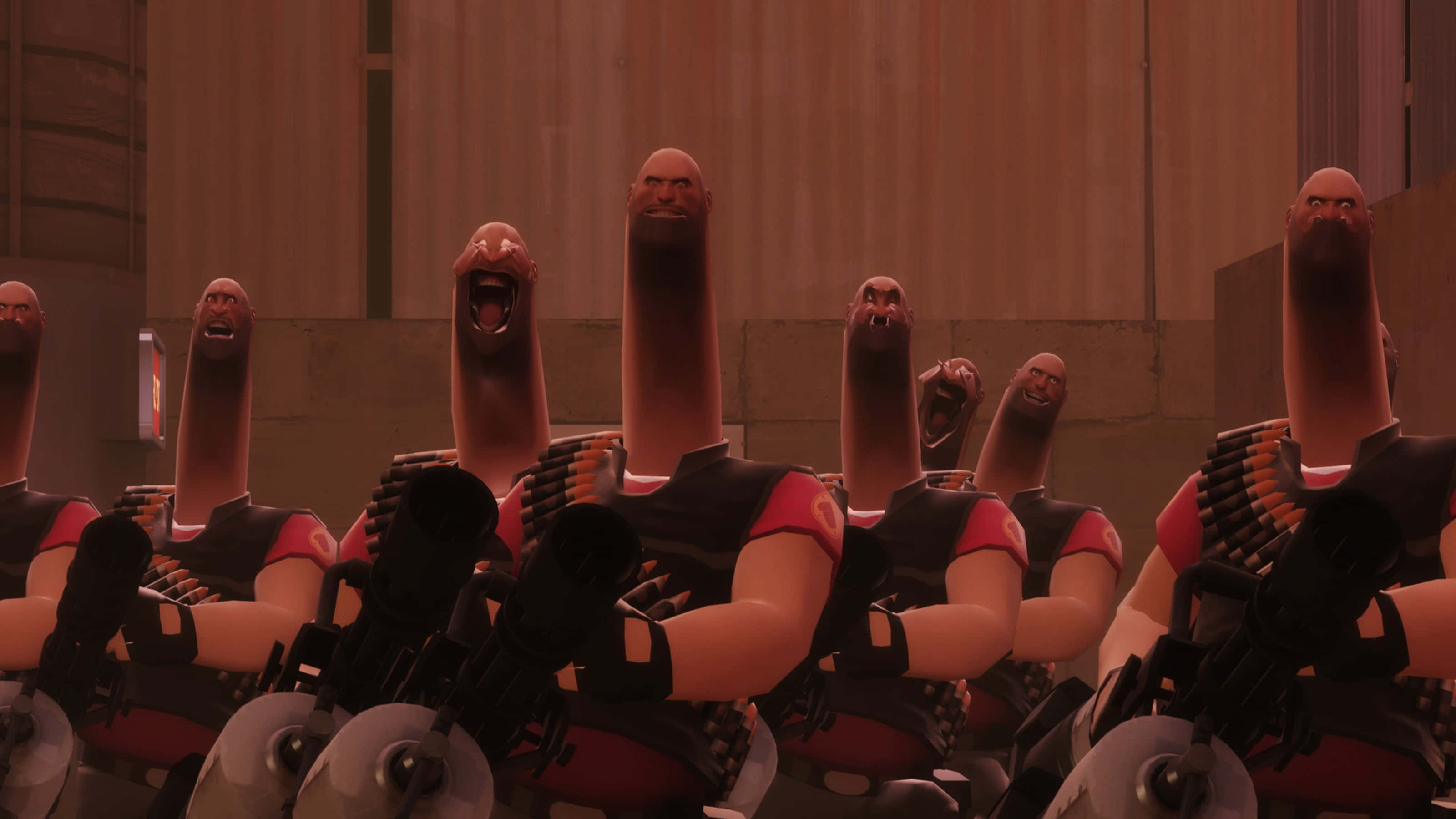Tf2 桌布 壁紙 — 一隊動畫中的光頭、肌肉發達、長頸、憤怒表情的角色，在昏暗的工業環境中手持重型武器大喊。