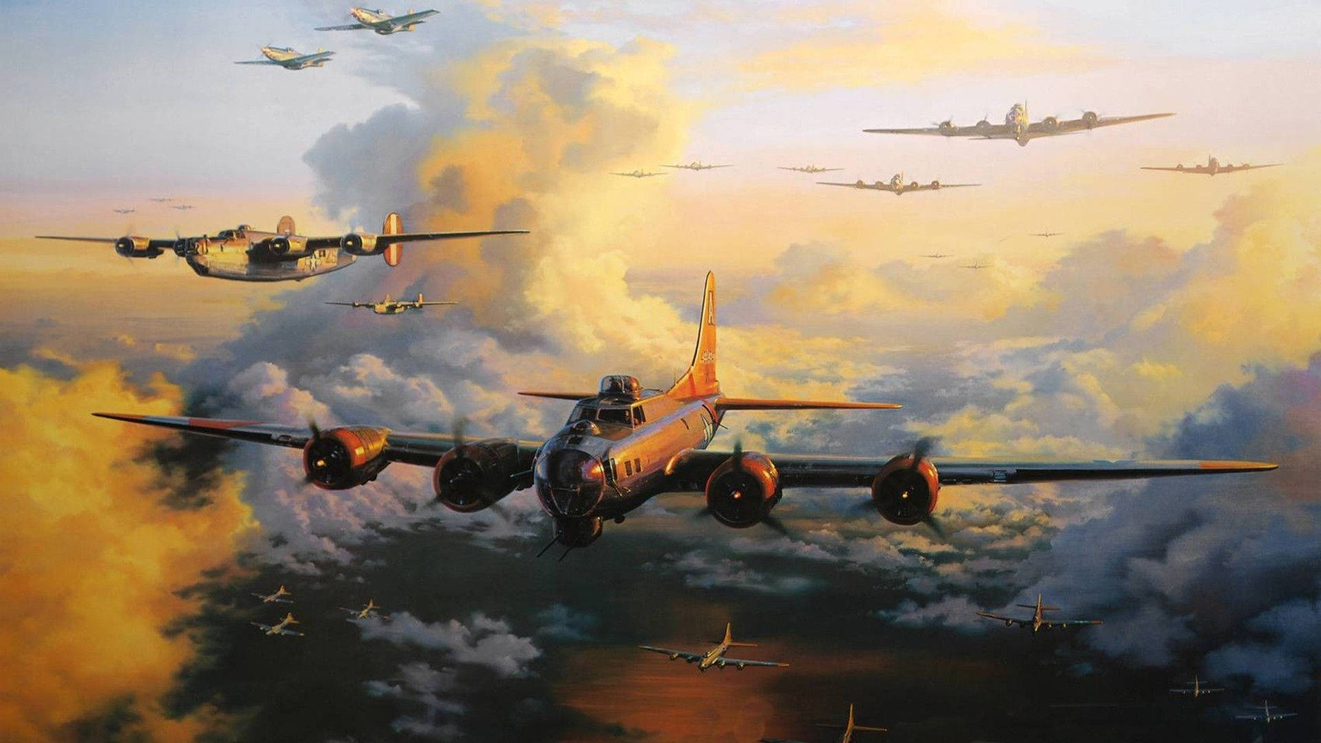 Ww2 桌布 壁紙 — 一隊復古轟炸機在充滿金色雲朵和散落暗色風暴雲的戲劇性日落天空中翱翔。